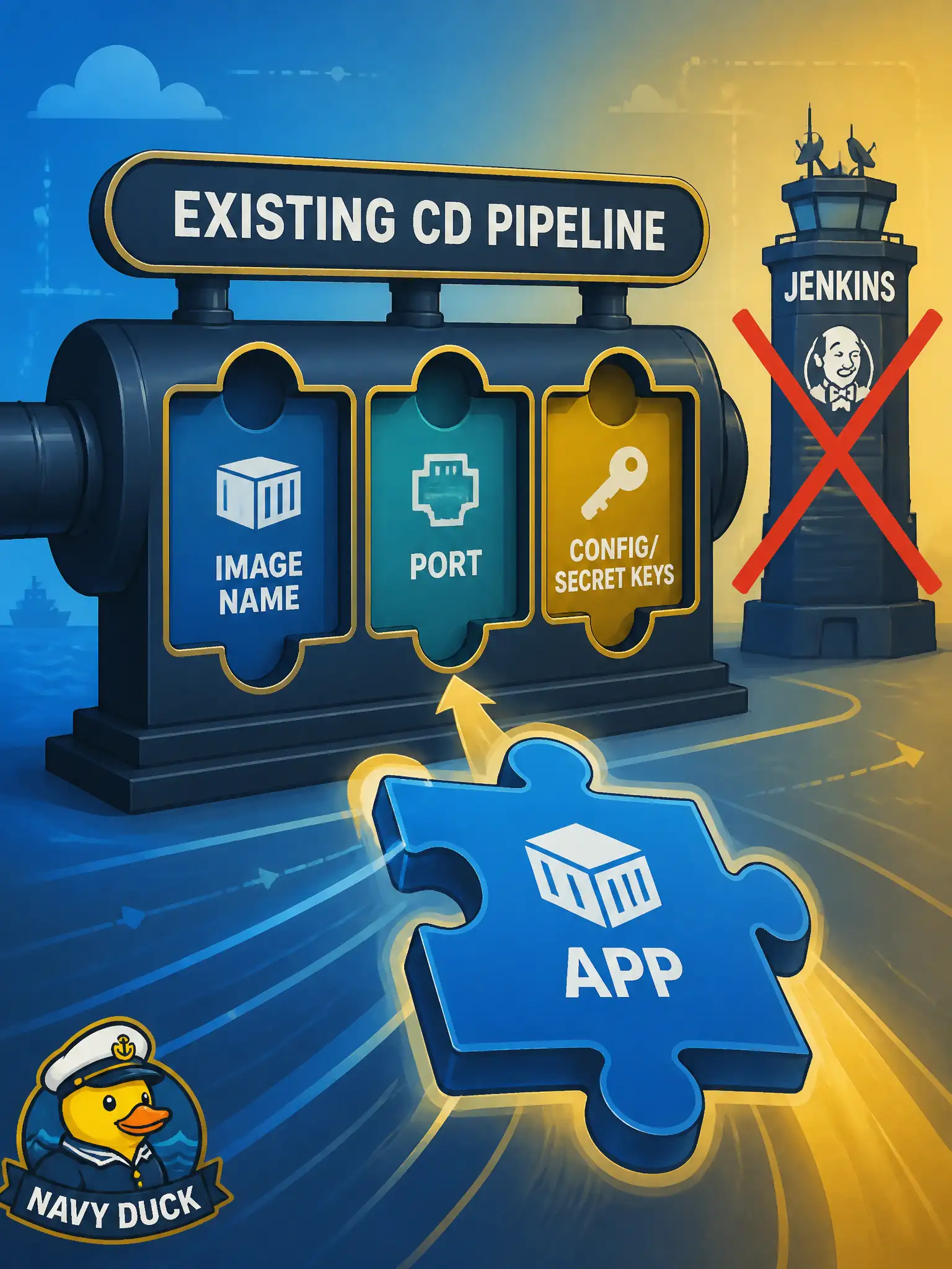 To Create an exciting colorful infographic that explains the concepts in the question: Question: A developer must place a Webex ChatOps bot into the city’s already-running Docker and Kubernetes CD path. Which approach matches “integrate into a prebuilt CD environment”? Correct Answer: Supply the expected image name, port, and config/secret keys that the existing environment already injects. Put EVERY visible label in double quotes. No people. No A/B/C/D letters. In one of the four corners put a little "Navy Duck".