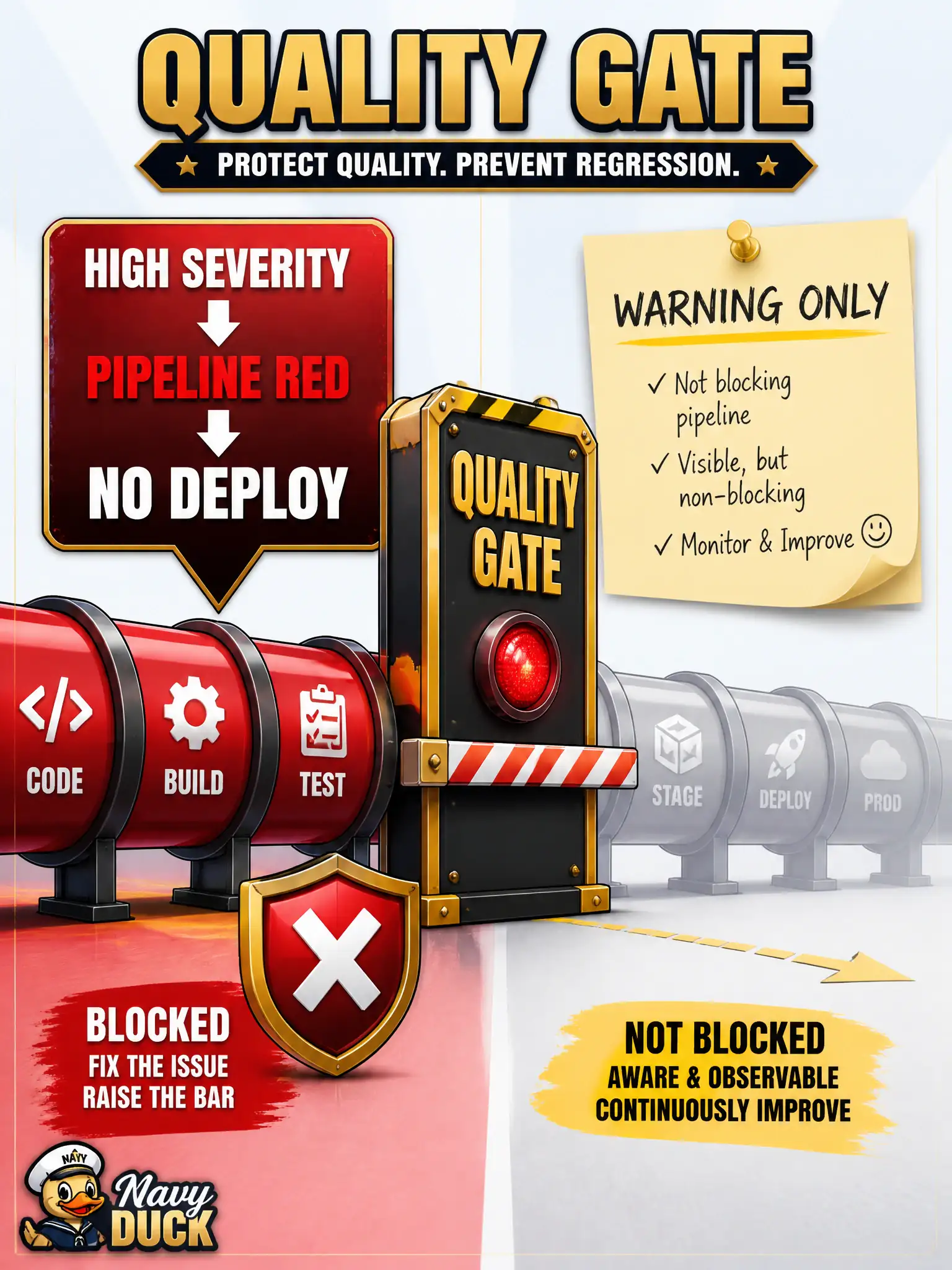 To Create an exciting colorful infographic that explains the concepts in the question: Question: The city’s pipeline policy marks the build red when static analysis reports a high-severity finding so the artifact is not deployed. What benefit does that quality gate provide? Correct Answer: A consistent automated stop so known-bad artifacts are not deployed when high-severity findings appear. Put EVERY visible label in double quotes. No people. No A/B/C/D letters. In one of the four corners put a little "Navy Duck".