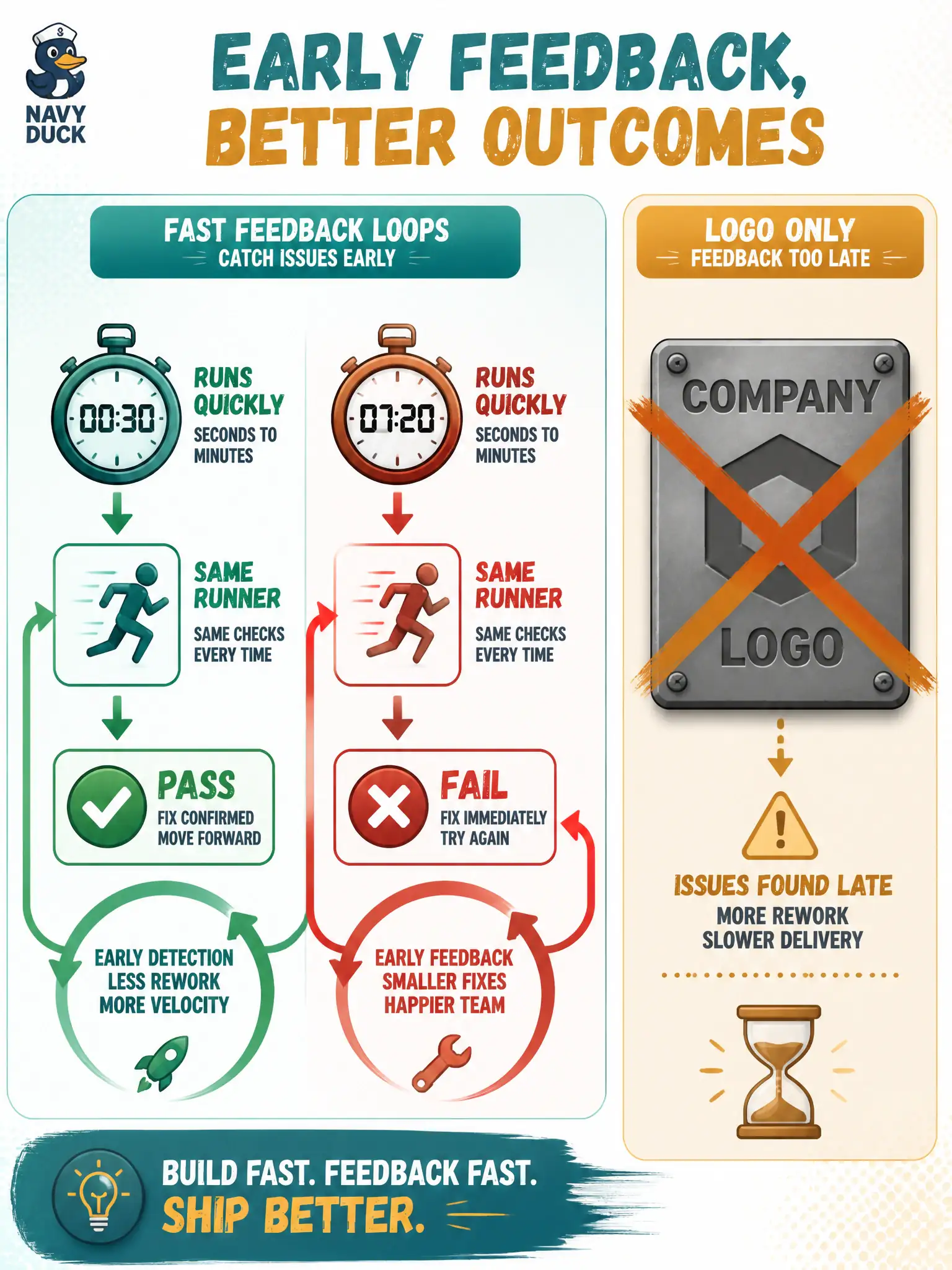 To Create an exciting colorful infographic that explains the concepts in the question: Question: What professional benefit do continuous testing and static analysis in CI primarily deliver for the civic automation team? Correct Answer: Repeatable early feedback in minutes from the same suite on the same runner, catching issues sooner and cheaper. Put EVERY visible label in double quotes. No people. No A/B/C/D letters. In one of the four corners put a little "Navy Duck".