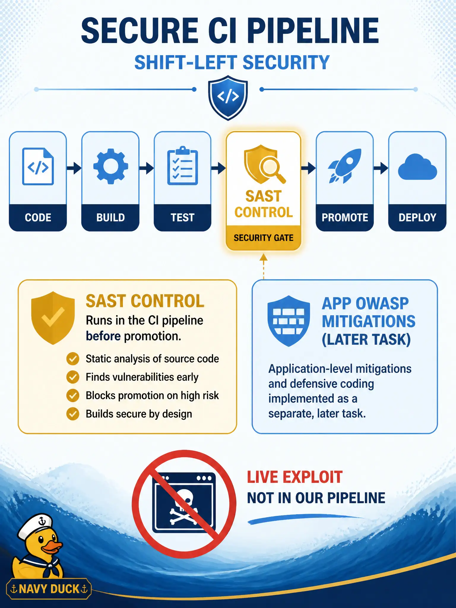 To Create an exciting colorful infographic that explains the concepts in the question: Question: Which statement correctly places static analysis for DEVCOR task 4.3 versus application security mitigations? Correct Answer: Static analysis belongs in the CI pipeline as a control before promote; OWASP mitigations in the app are a separate task. Put EVERY visible label in double quotes. No people. No A/B/C/D letters. In one of the four corners put a little "Navy Duck".