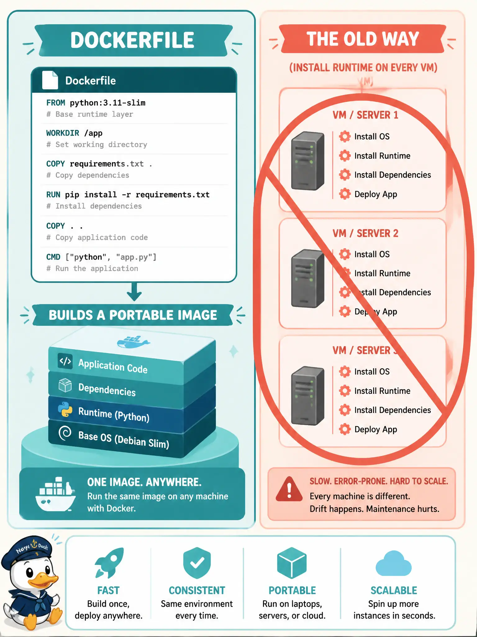 To Create an exciting colorful infographic that explains the concepts in the question: Question: City platform engineers containerize a Python DNA Center collector. What does using Docker for that application primarily establish? Correct Answer: A Dockerfile FROM plus app bits so any Docker host can run that image-defined runtime. Put EVERY visible label in double quotes. No people. No A/B/C/D letters. In one of the four corners put a little "Navy Duck".