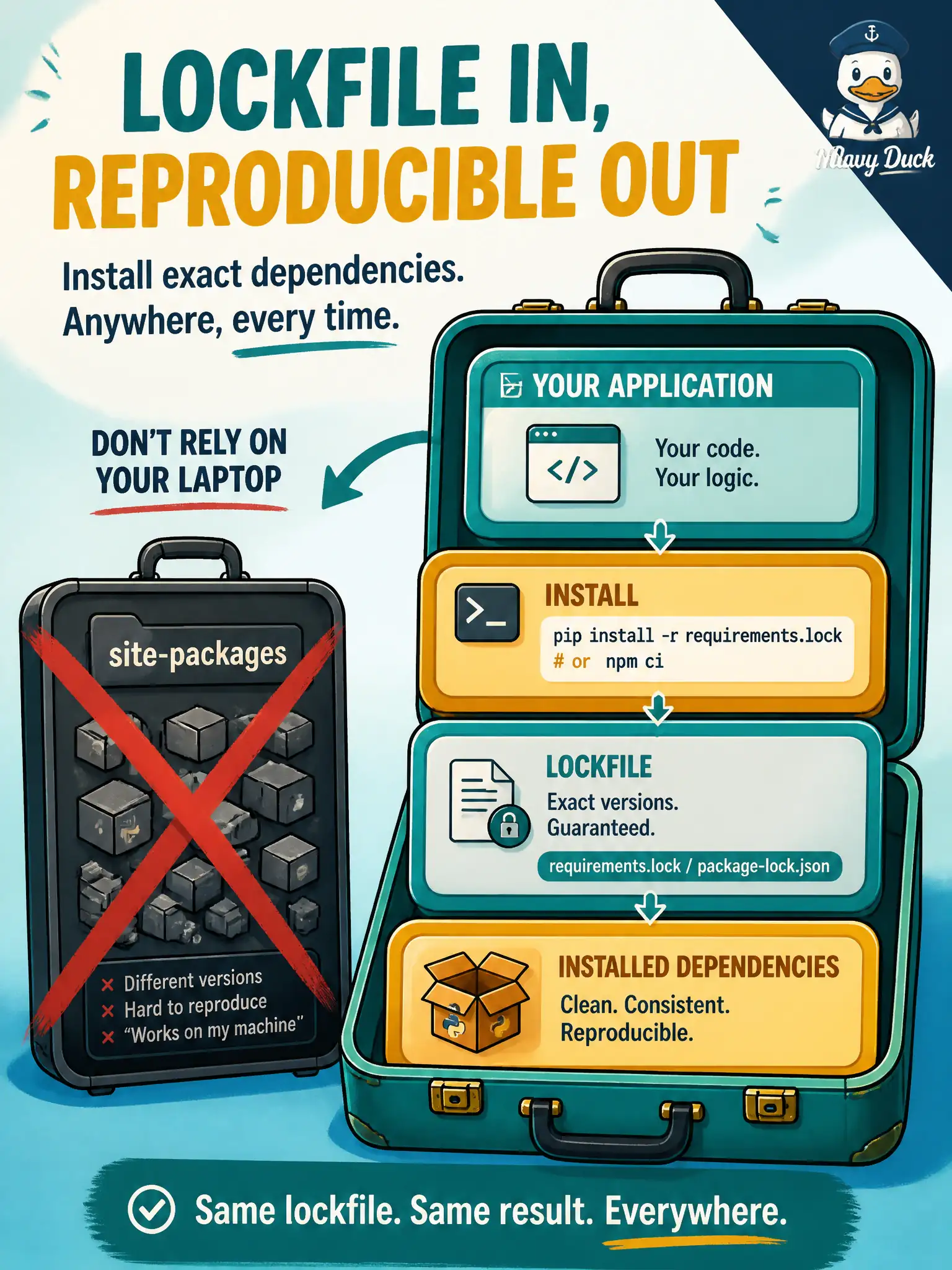 To Create an exciting colorful infographic that explains the concepts in the question: Question: What must the Docker build include so the Meraki location consumer is a self-contained containerized application? Correct Answer: Copy the app (or built artifact) and install locked requirements inside the image rather than relying on the laptop’s packages. Put EVERY visible label in double quotes. No people. No A/B/C/D letters. In one of the four corners put a little "Navy Duck".