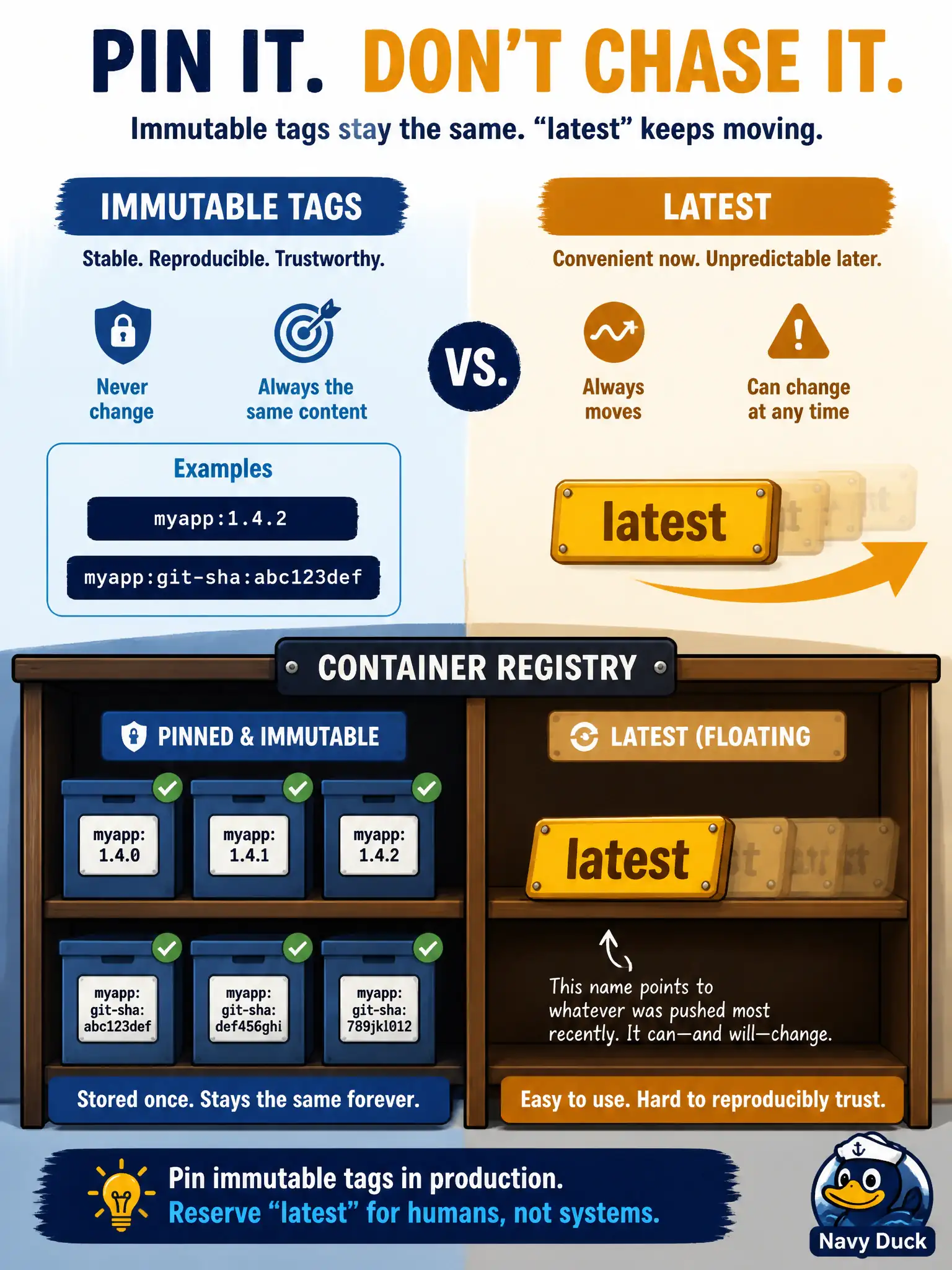 To Create an exciting colorful infographic that explains the concepts in the question: Question: A municipal CD pipeline promotes a civic API that talks to Meraki and DNA Center. Operators need reliable rollback to the last known-good build. Which image naming practice gives CD a stable release identity? Correct Answer: Promote an immutable tag such as myapp:1.4.2 (or a git-sha tag) and deploy that exact reference. Put EVERY visible label in double quotes. No people. No A/B/C/D letters. In one of the four corners put a little "Navy Duck".
