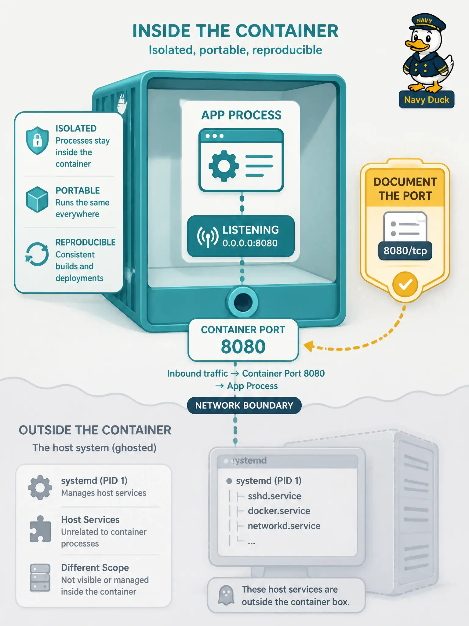 To Create an exciting colorful infographic that explains the concepts in the question: Question: Public-works developers containerize a Flask helper that queries Intersight inventory for a city NOC. Which practice correctly utilizes Docker for that process? Correct Answer: Run the app process inside the container listening on the documented container port the image exposes. Put EVERY visible label in double quotes. No people. No A/B/C/D letters. In one of the four corners put a little "Navy Duck".