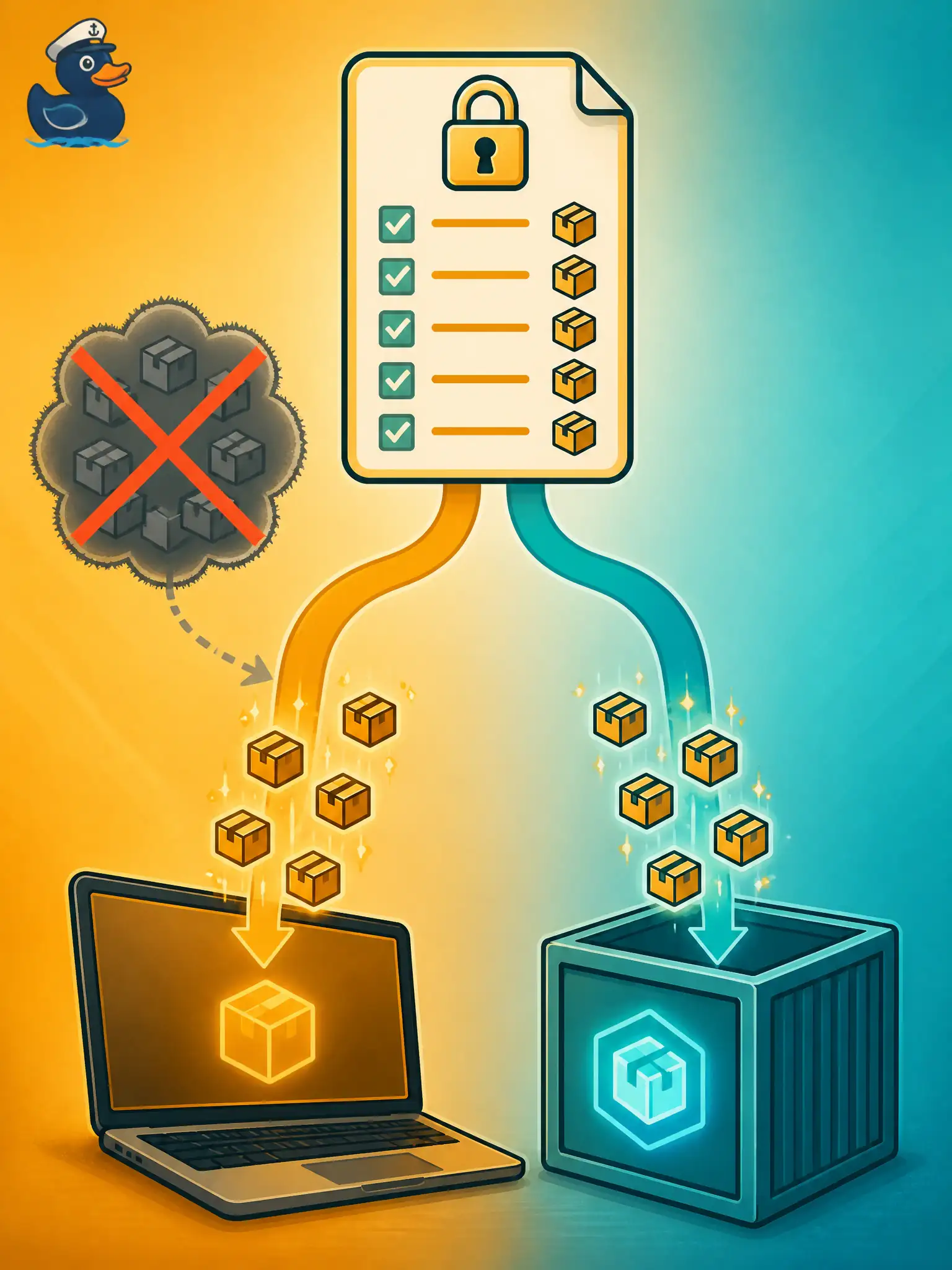 To Create an exciting colorful infographic that explains the concepts in the question: Question: A new hire’s laptop runs a UCS inventory script fine, but the CI container fails importing the same modules. Which 12-factor dependency practice prevents that class of failure? Correct Answer: Declare packages in a requirements or lock file and install that isolated set in the container. Put EVERY visible label in double quotes. No people. No A/B/C/D letters. In one of the four corners put a little "Navy Duck".