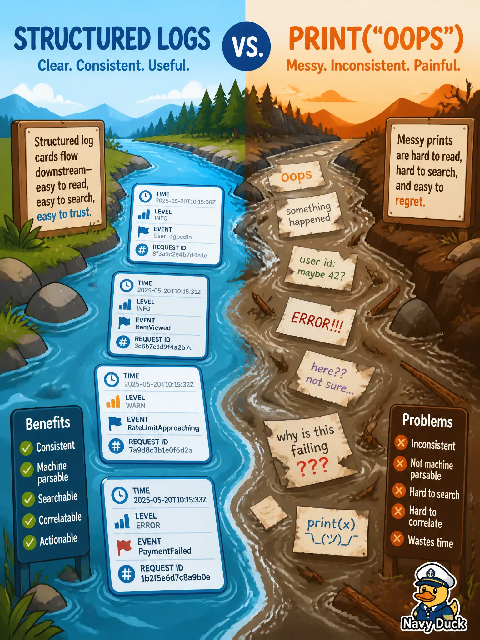 To Create an exciting colorful infographic that explains the concepts in the question: Question: Operations asks the civic Firepower FDM helper team for an effective application logging strategy. Which emission pattern should the app adopt? Correct Answer: Emit structured fields such as time, level, event, and request id on the standard stream. Put EVERY visible label in double quotes. No people. No A/B/C/D letters. In one of the four corners put a little "Navy Duck".