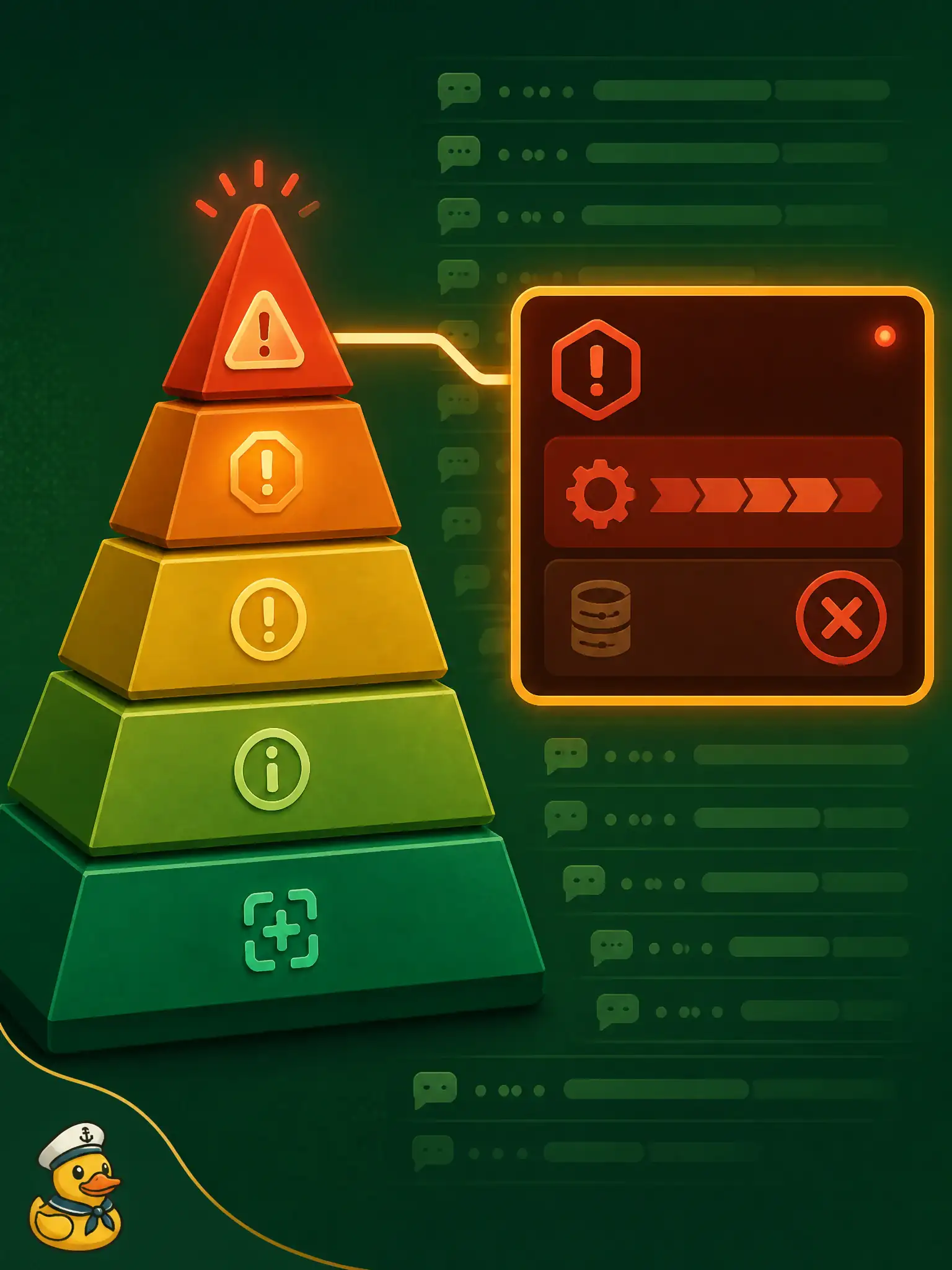 To Create an exciting colorful infographic that explains the concepts in the question: Question: A DNA Center write fails during a scheduled civic sync, but on-call cannot tell what failed amid chatty logs. Which logging practice restores actionable signal? Correct Answer: Emit ERROR for the failed controller write with the operation name and status, keeping DEBUG from drowning it. Put EVERY visible label in double quotes. No people. No A/B/C/D letters. In one of the four corners put a little "Navy Duck".