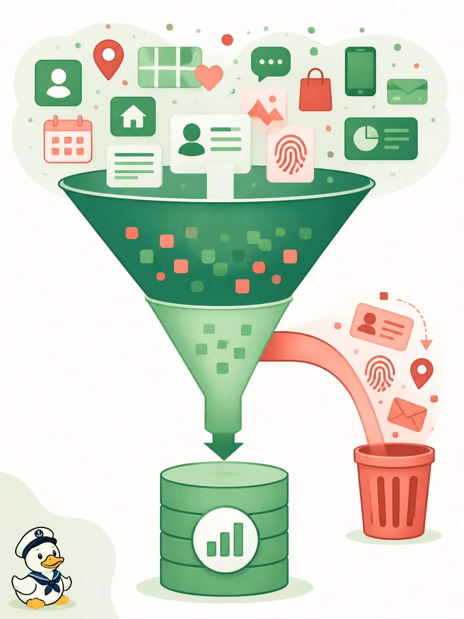 To Create an exciting colorful infographic that explains the concepts in the question: Question: A Meraki-assisted occupancy dashboard for libraries only needs site-level counts. Which storage privacy practice should the app follow? Correct Answer: Persist only the least identifying data the feature needs, such as site counts—not raw usernames and GPS tracks. Put EVERY visible label in double quotes. No people. No A/B/C/D letters. In one of the four corners put a little "Navy Duck".