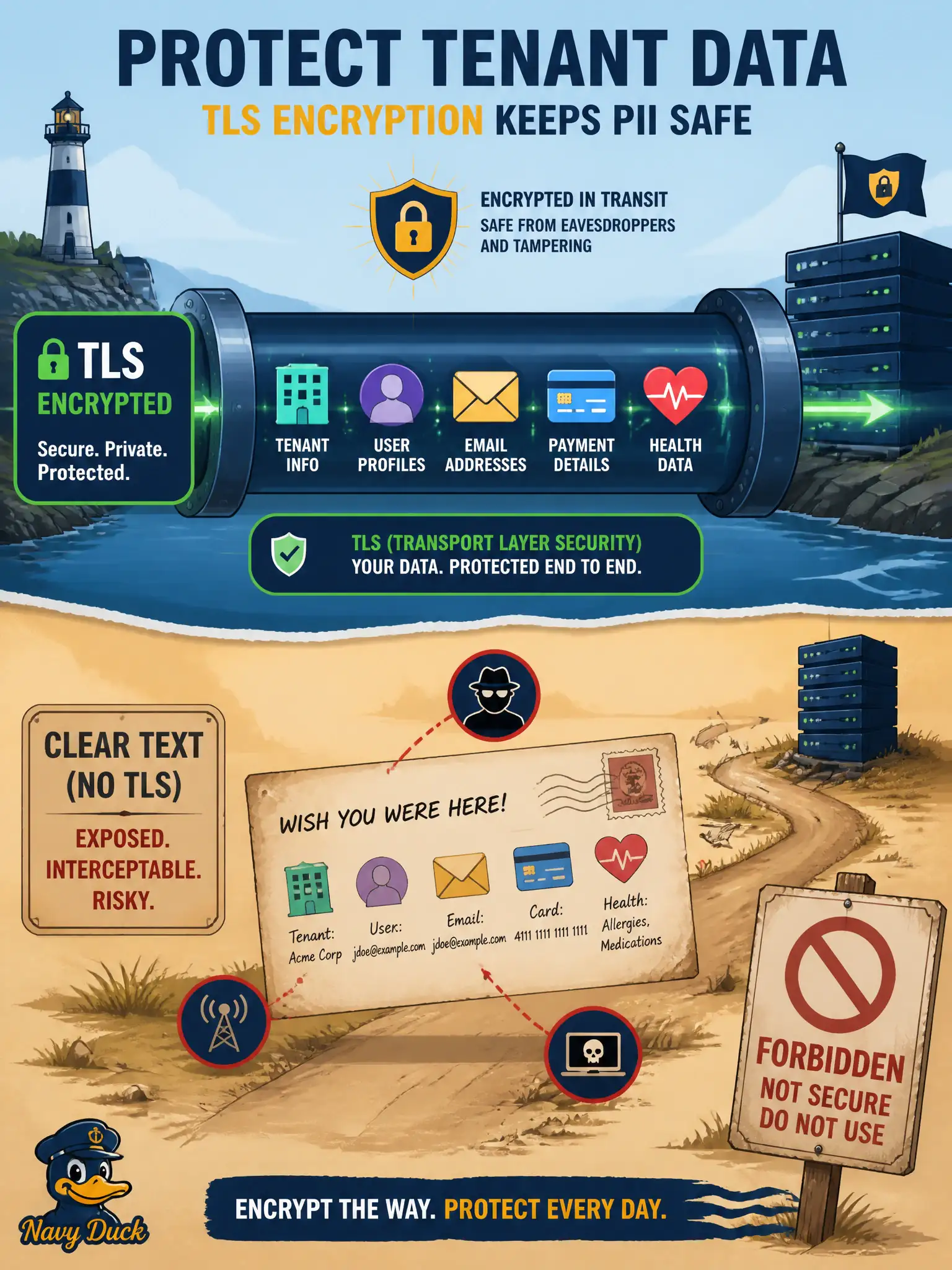 To Create an exciting colorful infographic that explains the concepts in the question: Question: A municipal integration ships tenant inventory and limited PII to a partner webhook. The database volume is encrypted. Which transmission practice is still required? Correct Answer: Avoid cleartext channels—use authenticated, encrypted transport for personal or tenant data in transit. Put EVERY visible label in double quotes. No people. No A/B/C/D letters. In one of the four corners put a little "Navy Duck".