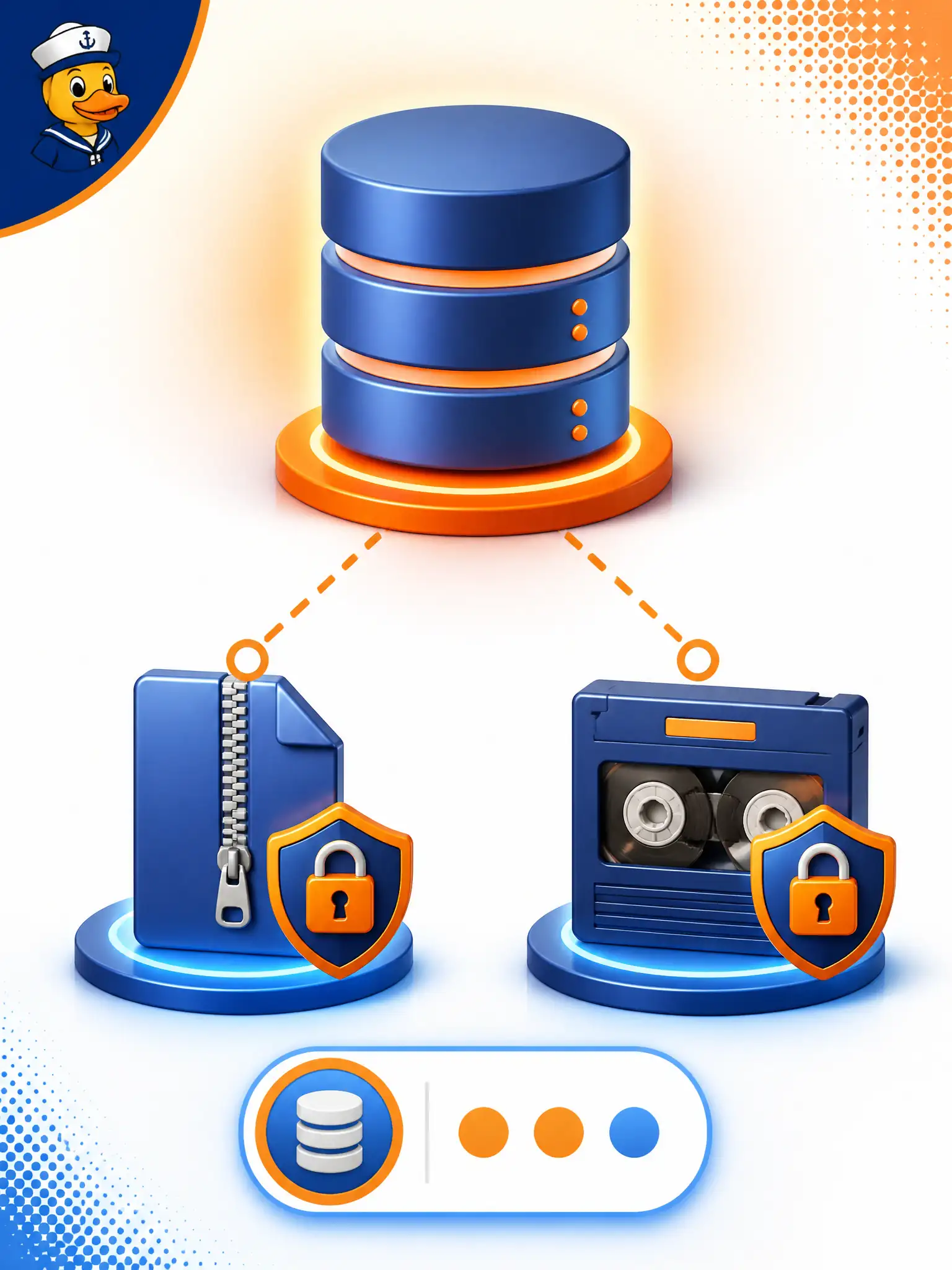 To Create an exciting colorful infographic that explains the concepts in the question: Question: During an outage, an engineer creates an unencrypted debug zip and database backup containing customer payloads from a civic AppDynamics-linked app. Why is that still a privacy concern? Correct Answer: Secondary copies such as debug zips and unencrypted backups remain stored data subject to privacy controls. Put EVERY visible label in double quotes. No people. No A/B/C/D letters. In one of the four corners put a little "Navy Duck".