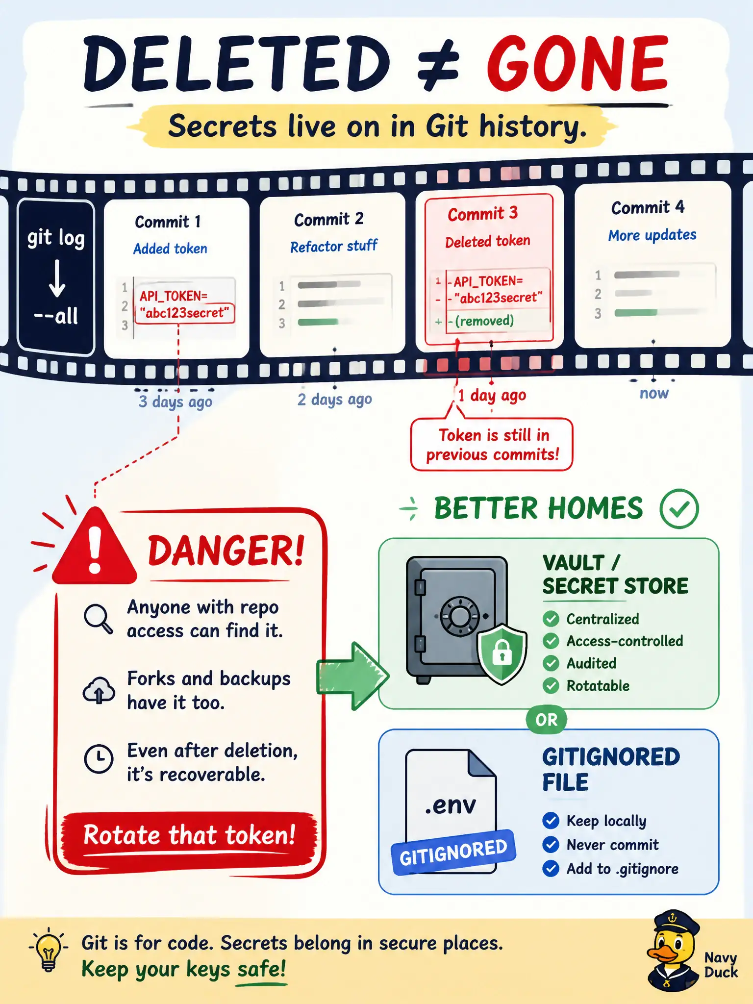 To Create an exciting colorful infographic that explains the concepts in the question: Question: A developer commits a DNA Center token in a .env file, then deletes the line in a later commit. Which secret-storage approach is the relevant fix going forward? Correct Answer: Keep secrets out of git history—use a secret store or a gitignored, uncommitted local file instead of the repository. Put EVERY visible label in double quotes. No people. No A/B/C/D letters. In one of the four corners put a little "Navy Duck".