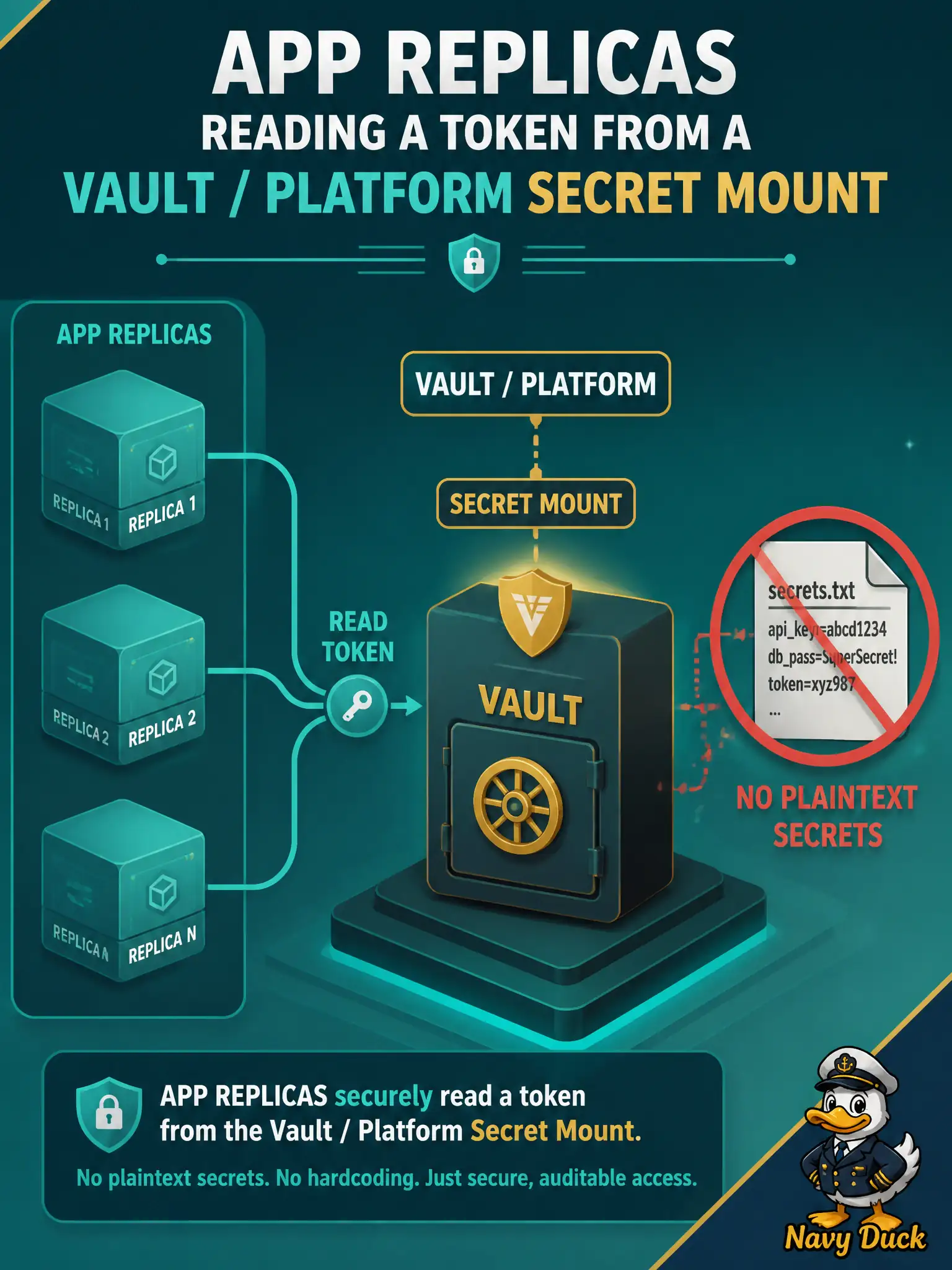 To Create an exciting colorful infographic that explains the concepts in the question: Question: In production, a multi-replica civic API must read a Webex bot token at runtime. Which secret storage approach fits that scenario? Correct Answer: Have the process read the token from a vault or from a platform Secret object the CD pipeline mounts. Put EVERY visible label in double quotes. No people. No A/B/C/D letters. In one of the four corners put a little "Navy Duck".