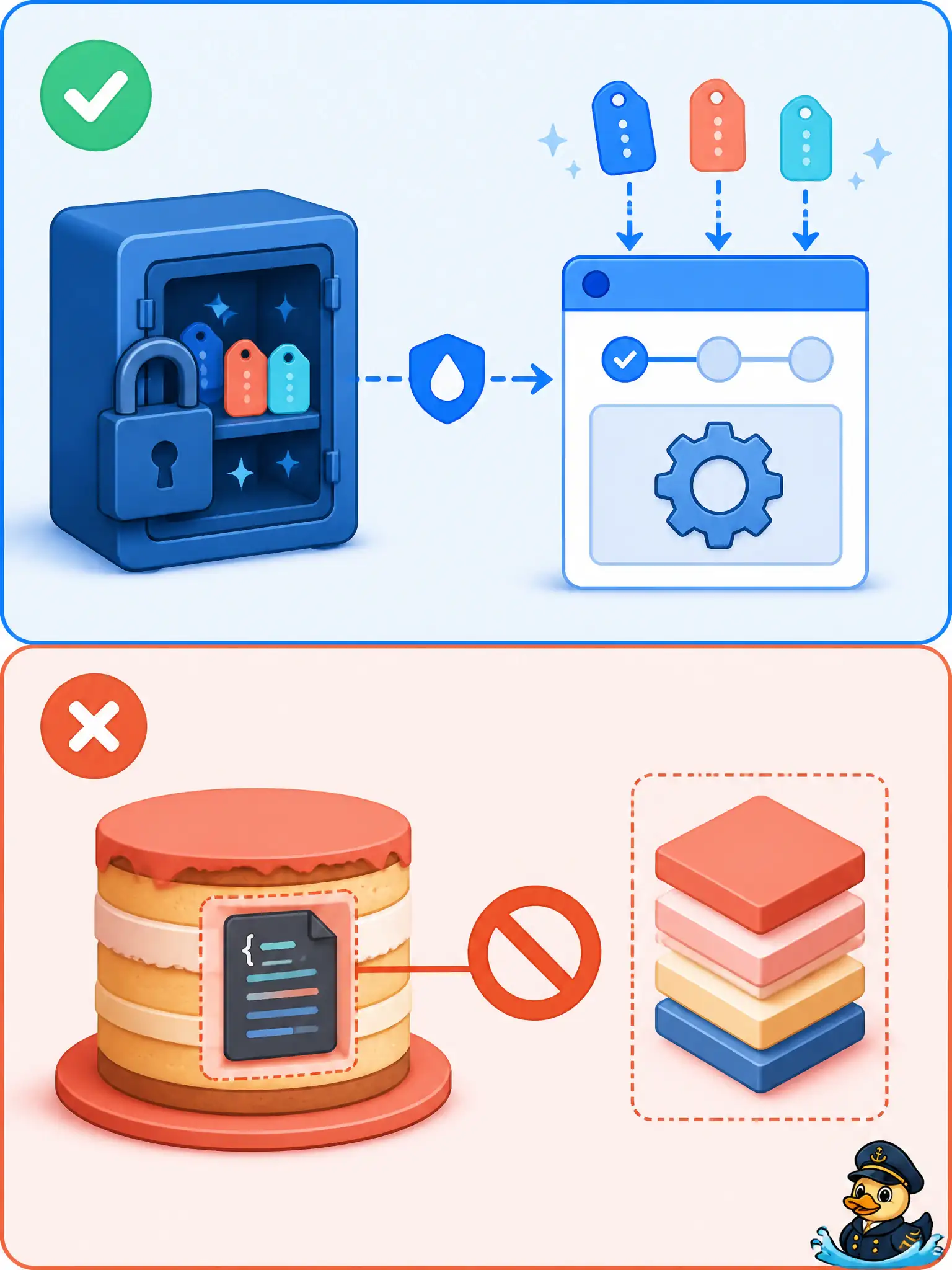 To Create an exciting colorful infographic that explains the concepts in the question: Question: A pipeline builds and pushes an image that deploys a Meraki reporter. Where should the registry password and deploy token live? Correct Answer: Keep them in the CI secret store and inject them into the job that needs them—do not bake them into image layers. Put EVERY visible label in double quotes. No people. No A/B/C/D letters. In one of the four corners put a little "Navy Duck".