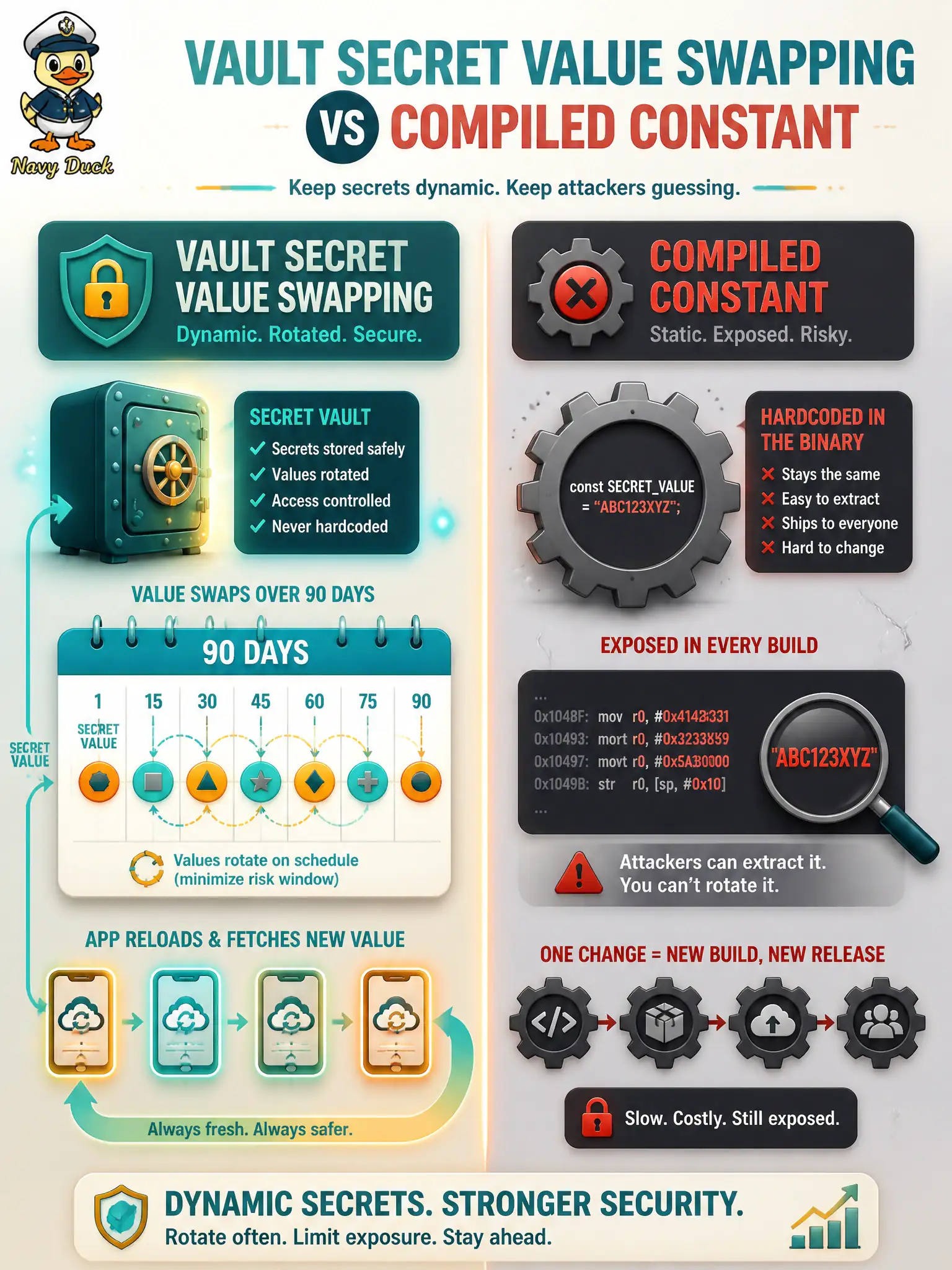 To Create an exciting colorful infographic that explains the concepts in the question: Question: Security mandates rotating the Intersight API secret every 90 days with minimal downtime. Which approach makes that rotation practical? Correct Answer: Keep the secret in an external store so operations can replace it and restart or reload processes without rebuilding the image. Put EVERY visible label in double quotes. No people. No A/B/C/D letters. In one of the four corners put a little "Navy Duck".