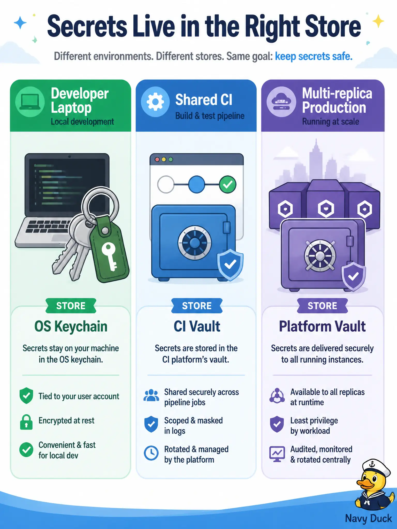 To Create an exciting colorful infographic that explains the concepts in the question: Question: Three teams need credentials for the same UCS tooling: a solo developer on a laptop, a shared CI runner, and multi-replica production. Which statement identifies the relevant secret approach? Correct Answer: Match the store to the constraint—local keychain or gitignored tool for dev, CI secret store for pipelines, vault or platform secrets for multi-replica prod. Put EVERY visible label in double quotes. No people. No A/B/C/D letters. In one of the four corners put a little "Navy Duck".