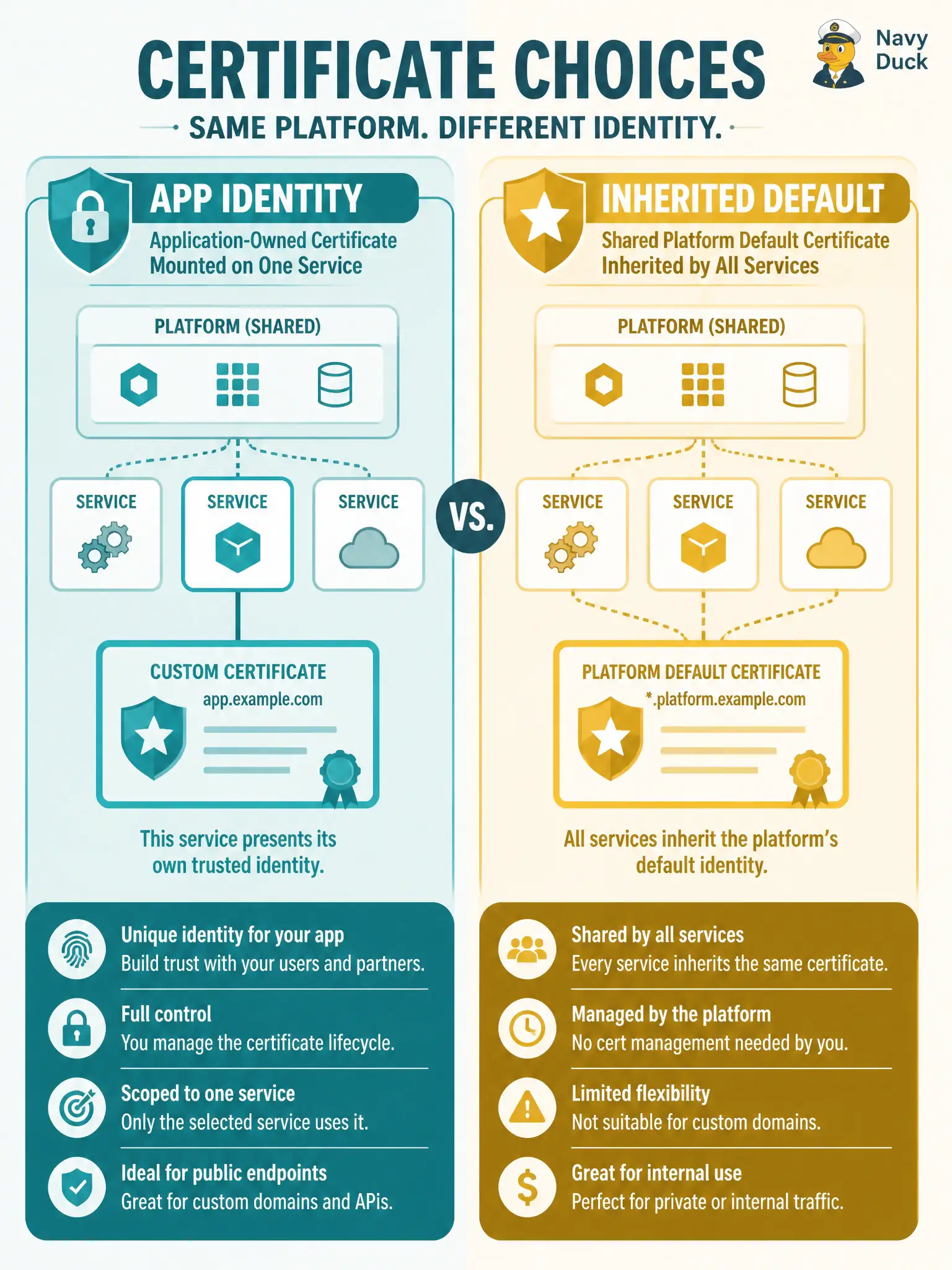 To Create an exciting colorful infographic that explains the concepts in the question: Question: A city permitting API must present TLS credentials the ops team can rotate for that service alone. The shared ingress still uses a platform default certificate nobody on the app team can replace. Which configuration choice satisfies an application-specific SSL requirement? Correct Answer: Install a certificate and private key issued for the permitting API hostname on that app’s process or ingress. Put EVERY visible label in double quotes. No people. No A/B/C/D letters. In one of the four corners put a little "Navy Duck".