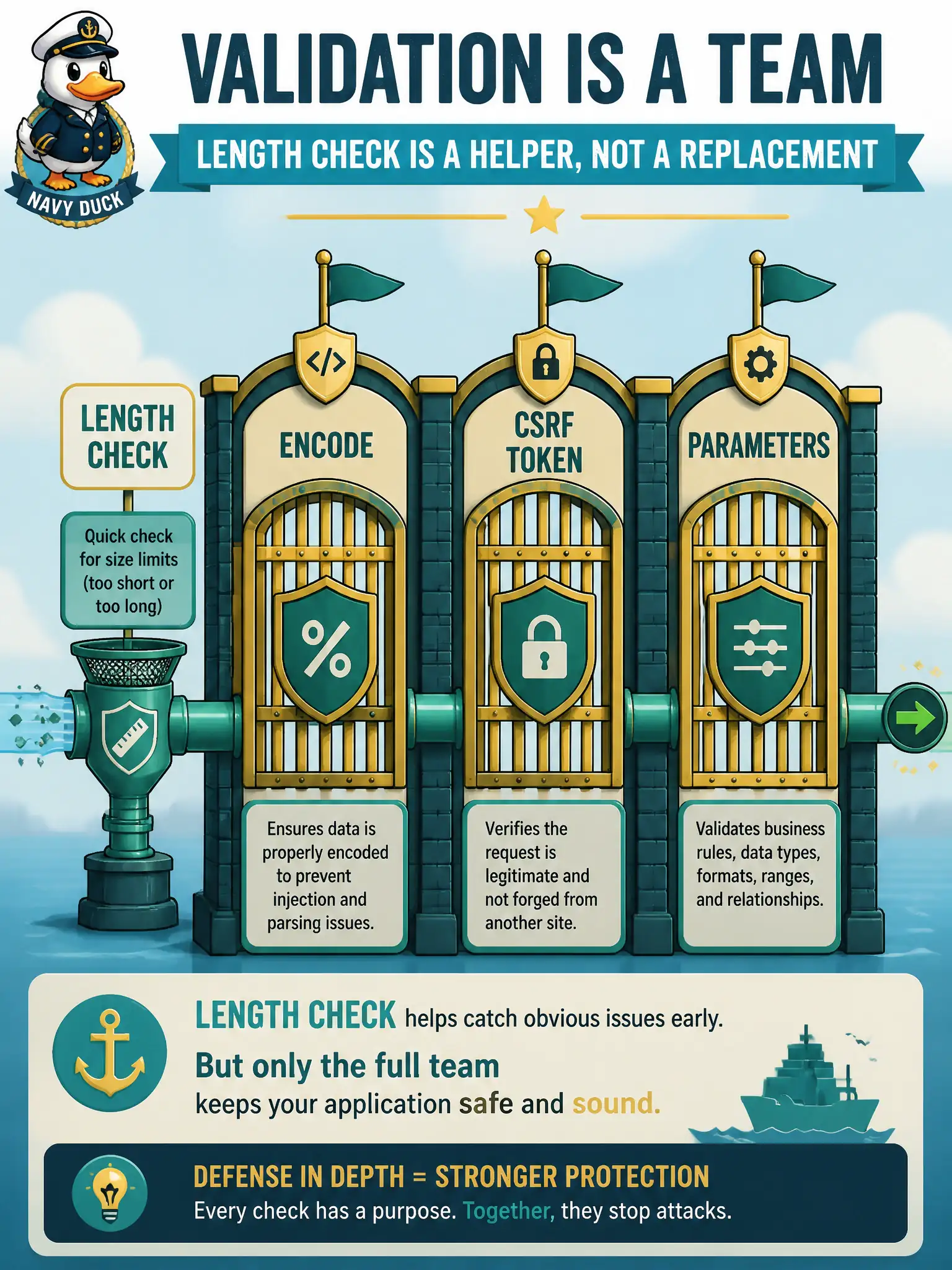 To Create an exciting colorful infographic that explains the concepts in the question: Question: Developers added maximum-length checks on every form field for a permitting portal and declared XSS, CSRF, and SQLi handled. Why is that incomplete for OWASP threat mitigation? Correct Answer: Input length checks help reduce junk but do not replace output encoding, CSRF tokens, or parameterized queries. Put EVERY visible label in double quotes. No people. No A/B/C/D letters. In one of the four corners put a little "Navy Duck".