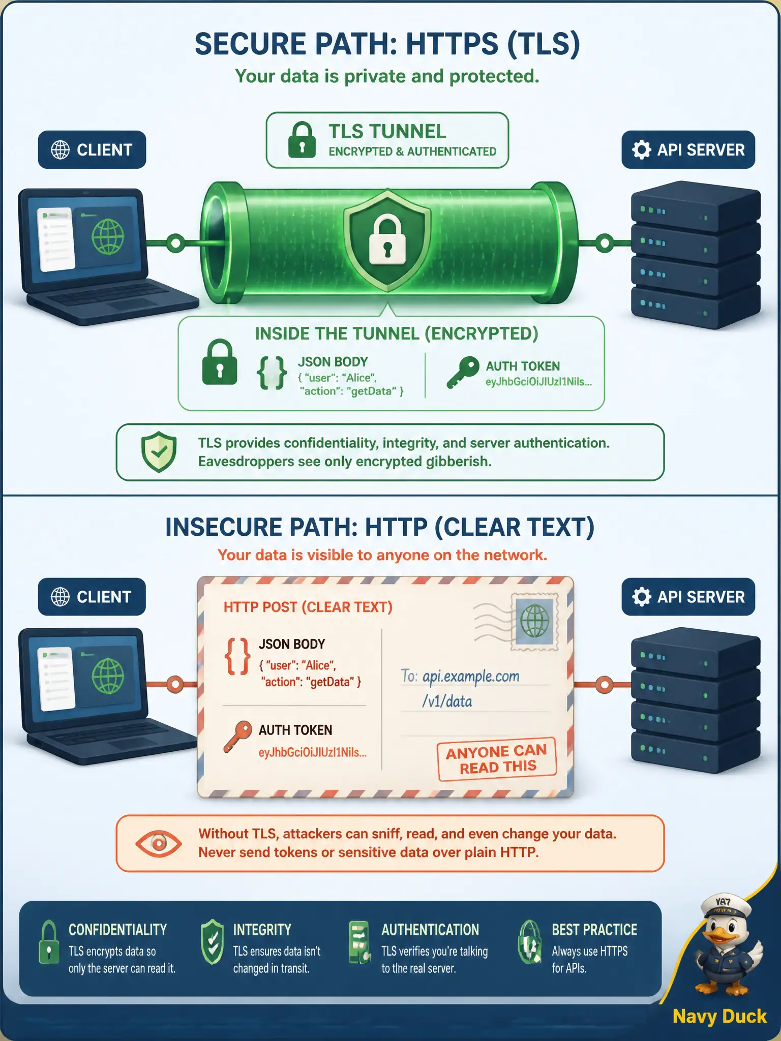 To Create an exciting colorful infographic that explains the concepts in the question: Question: A civic integration sends tenant identifiers and access tokens to an API over the network. How do end-to-end encryption principles apply to that API hop? Correct Answer: Use HTTPS/TLS so request and response bodies are confidential on the path to the intended server. Put EVERY visible label in double quotes. No people. No A/B/C/D letters. In one of the four corners put a little "Navy Duck".