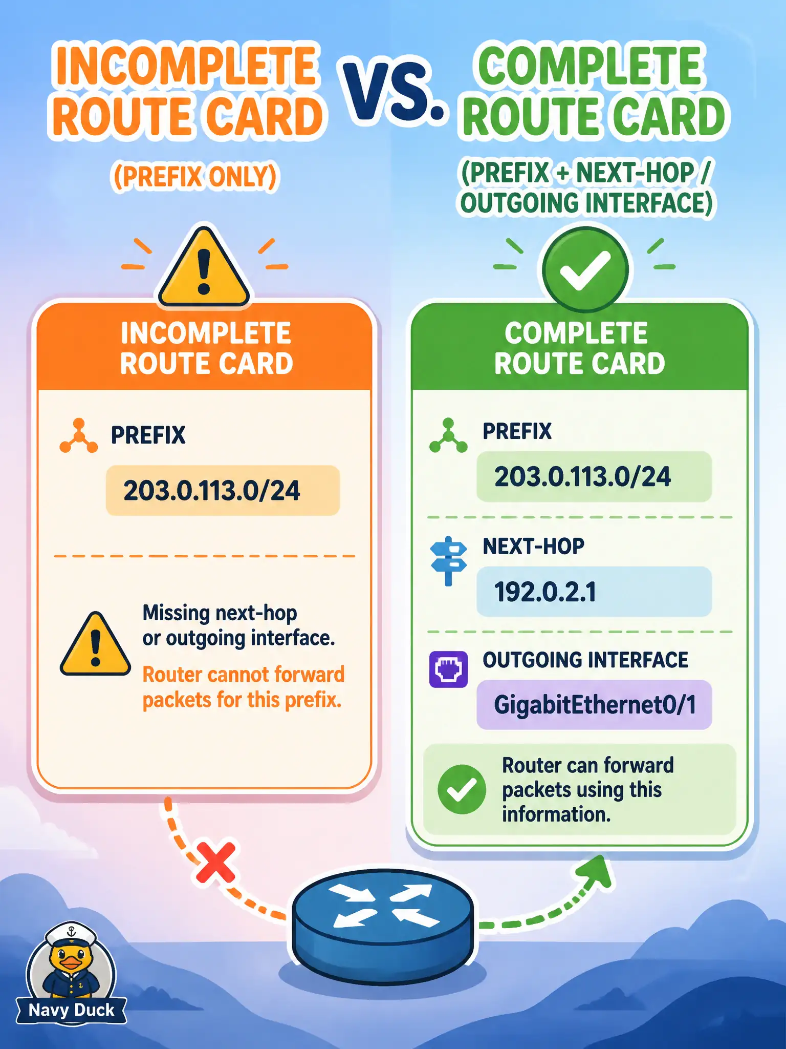 To Create an exciting colorful infographic that explains the concepts in the question: Question: A RESTCONF static-route create on IOS XE includes only 10.40.0.0/16 in the body and omits how packets leave. What is missing for a complete edit? Correct Answer: The forwarding next-hop address and/or outgoing interface the YANG model requires. Put EVERY visible label in double quotes. No people. No A/B/C/D letters. In one of the four corners put a little "Navy Duck".