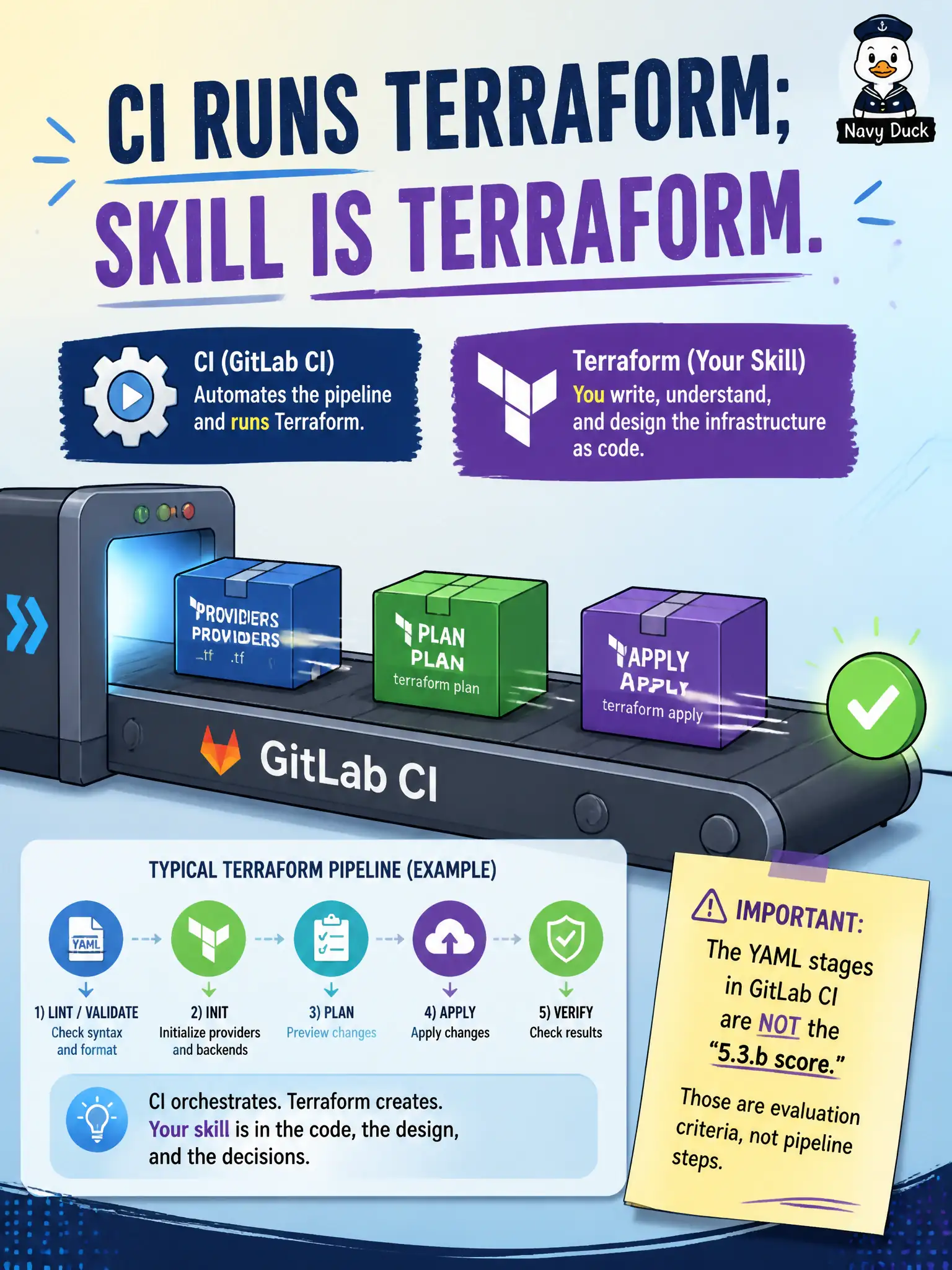 To Create an exciting colorful infographic that explains the concepts in the question: Question: The official DEVCOR lab runs Terraform from GitLab CI/CD against IOS XE. A question asks what the 5.3.b construction actually is. What is the right focus? Correct Answer: Provider plus plan and apply (Terraform workflow), even when CI is only the runner Put EVERY visible label in double quotes. No people. No A/B/C/D letters. In one of the four corners put a little "Navy Duck".