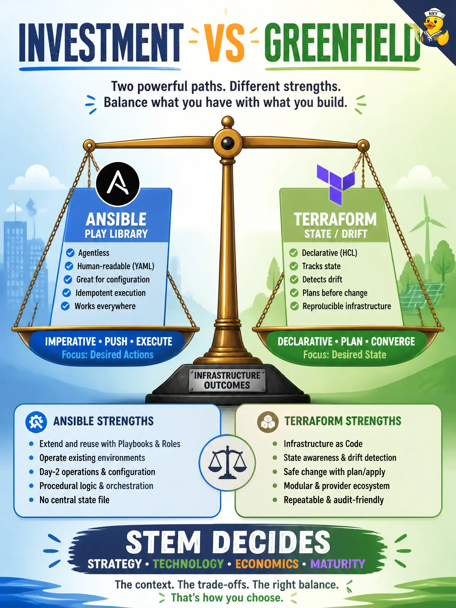 To Create an exciting colorful infographic that explains the concepts in the question: Question: Transit ops already has hundreds of working Ansible plays and trained operators; leadership asks whether to rip-and-replace with Terraform next quarter for the same VLAN work. What does 5.4 emphasize? Correct Answer: Treat existing plays and trained staff as a switching-cost requirement that can justify keeping Ansible Put EVERY visible label in double quotes. No people. No A/B/C/D letters. In one of the four corners put a little "Navy Duck".