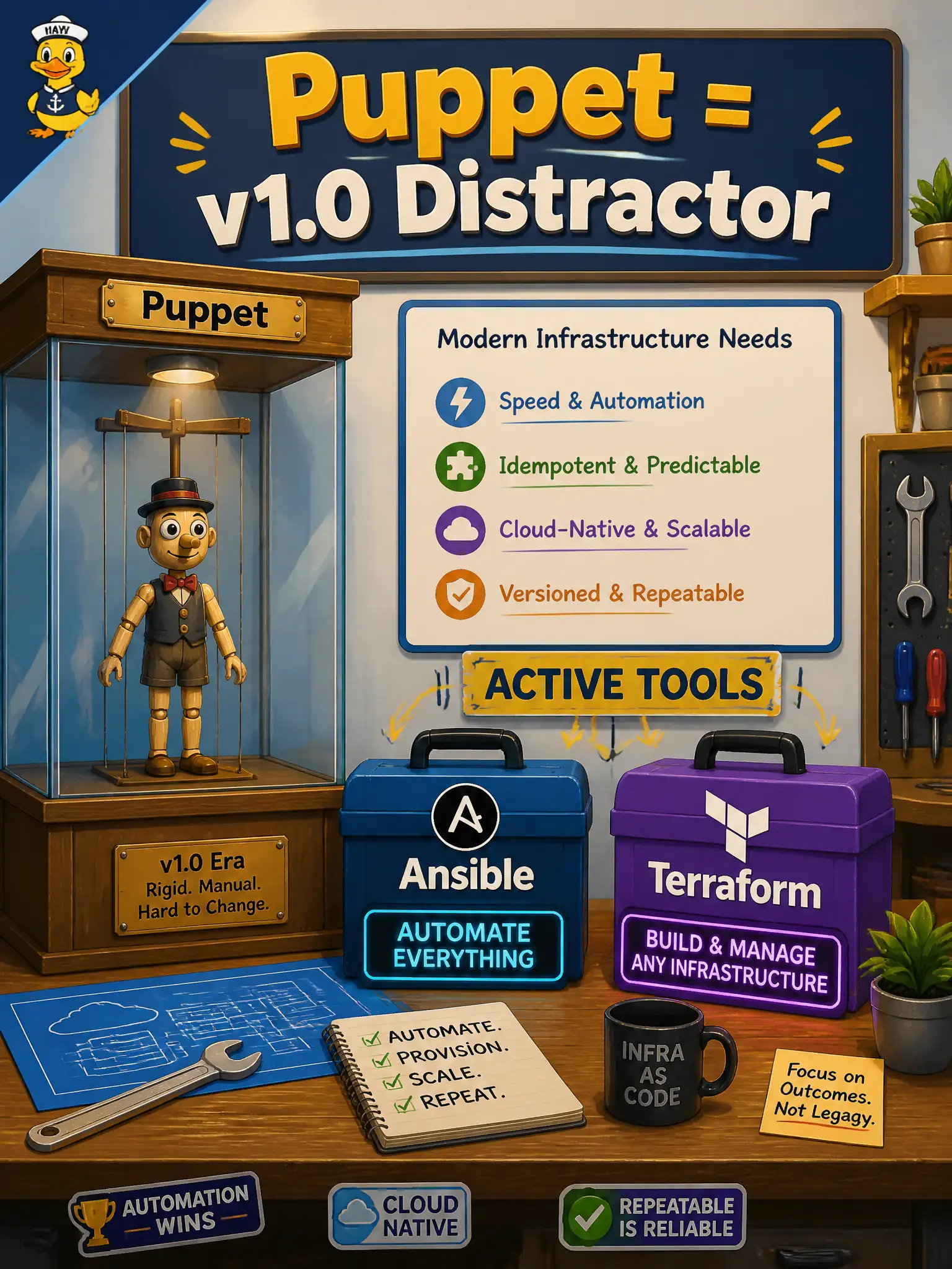 To Create an exciting colorful infographic that explains the concepts in the question: Question: When identifying a configuration-management solution on this DEVCOR v1.1 bank, how should Puppet be treated relative to Ansible and Terraform? Correct Answer: As a discarded v1.0 leftover distractor—not the official correct 5.3.b or primary 5.4 answer Put EVERY visible label in double quotes. No people. No A/B/C/D letters. In one of the four corners put a little "Navy Duck".