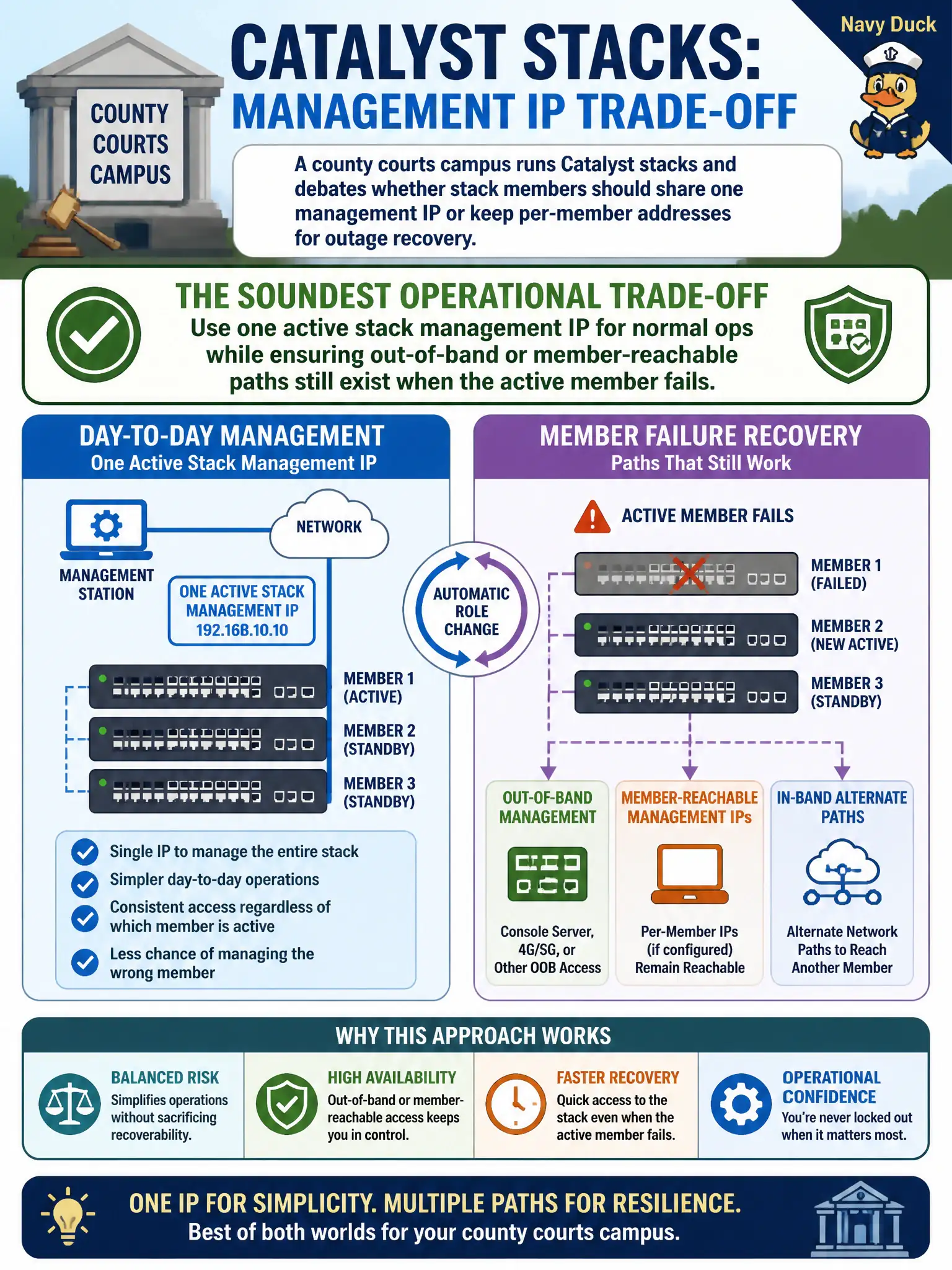 To Create an exciting colorful infographic that explains the concepts in the question: Question: A county courts campus runs Catalyst stacks and debates whether stack members should share one management IP or keep per-member addresses for outage recovery. What is the soundest operational trade-off for day-to-day management versus member failure? Correct Answer: Use one active stack management IP for normal ops while ensuring out-of-band or member-reachable paths still exist when the active member fails Put EVERY visible label in double quotes. No people. No A/B/C/D letters. In one of the four corners put a little "Navy Duck".