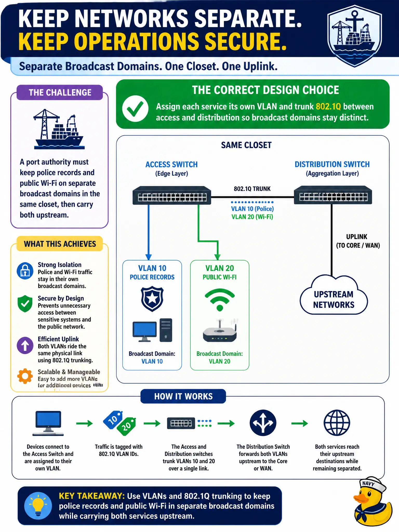 To Create an exciting colorful infographic that explains the concepts in the question: Question: A port authority must keep police records and public Wi-Fi on separate broadcast domains in the same closet, then carry both upstream. Which design choice correctly achieves that separation? Correct Answer: Assign each service its own VLAN and trunk 802.1Q between access and distribution so broadcast domains stay distinct Put EVERY visible label in double quotes. No people. No A/B/C/D letters. In one of the four corners put a little "Navy Duck".