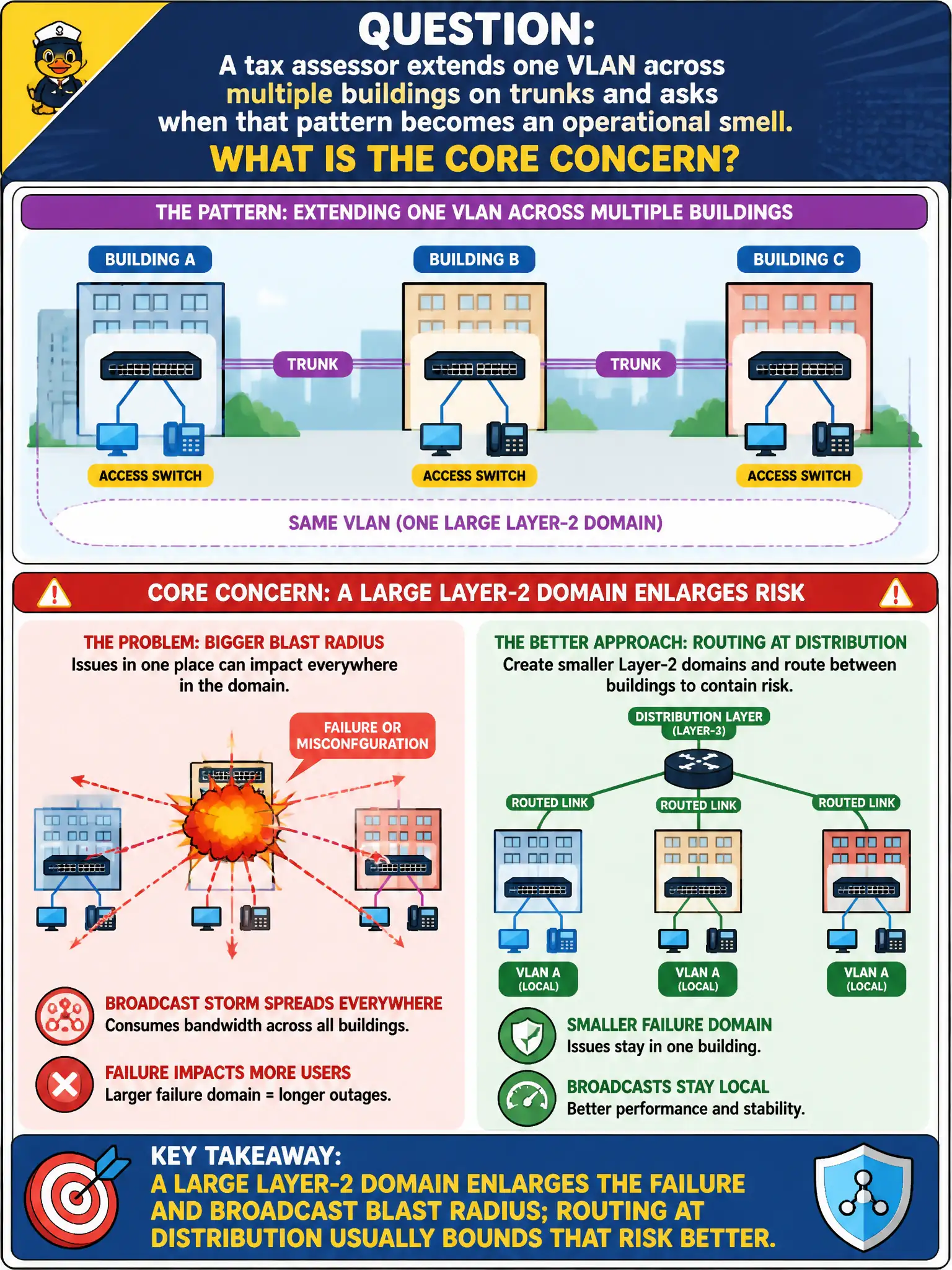 To Create an exciting colorful infographic that explains the concepts in the question: Question: A tax assessor extends one VLAN across multiple buildings on trunks and asks when that pattern becomes an operational smell. What is the core concern? Correct Answer: A large Layer-2 domain enlarges the failure and broadcast blast radius; routing at distribution usually bounds that risk better Put EVERY visible label in double quotes. No people. No A/B/C/D letters. In one of the four corners put a little "Navy Duck".