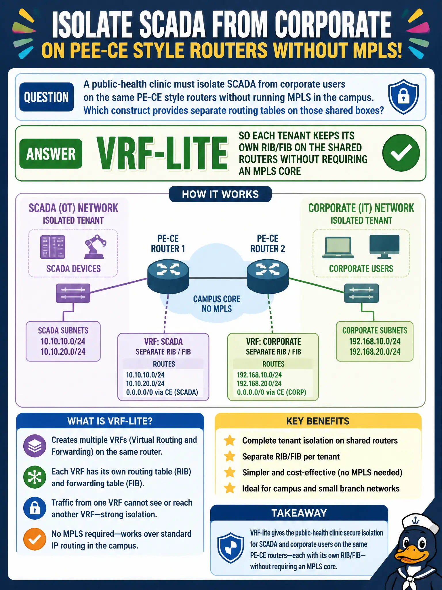 To Create an exciting colorful infographic that explains the concepts in the question: Question: A public-health clinic must isolate SCADA from corporate users on the same PE-CE style routers without running MPLS in the campus. Which construct provides separate routing tables on those shared boxes? Correct Answer: VRF-lite, so each tenant keeps its own RIB/FIB on the shared routers without requiring an MPLS core Put EVERY visible label in double quotes. No people. No A/B/C/D letters. In one of the four corners put a little "Navy Duck".