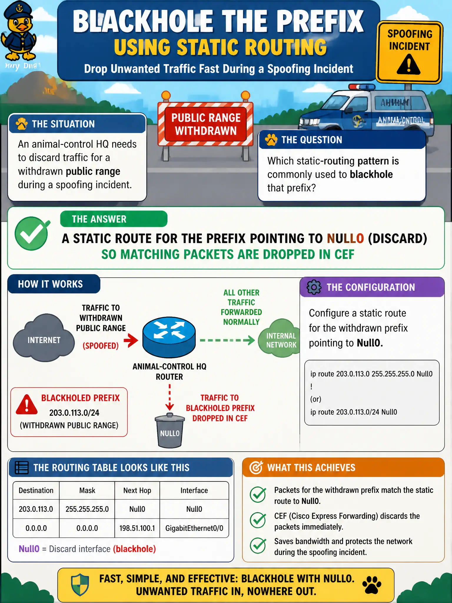 To Create an exciting colorful infographic that explains the concepts in the question: Question: An animal-control HQ needs to discard traffic for a withdrawn public range during a spoofing incident. Which static-routing pattern is commonly used to blackhole that prefix? Correct Answer: A static route for the prefix pointing to Null0 (discard) so matching packets are dropped in CEF Put EVERY visible label in double quotes. No people. No A/B/C/D letters. In one of the four corners put a little "Navy Duck".