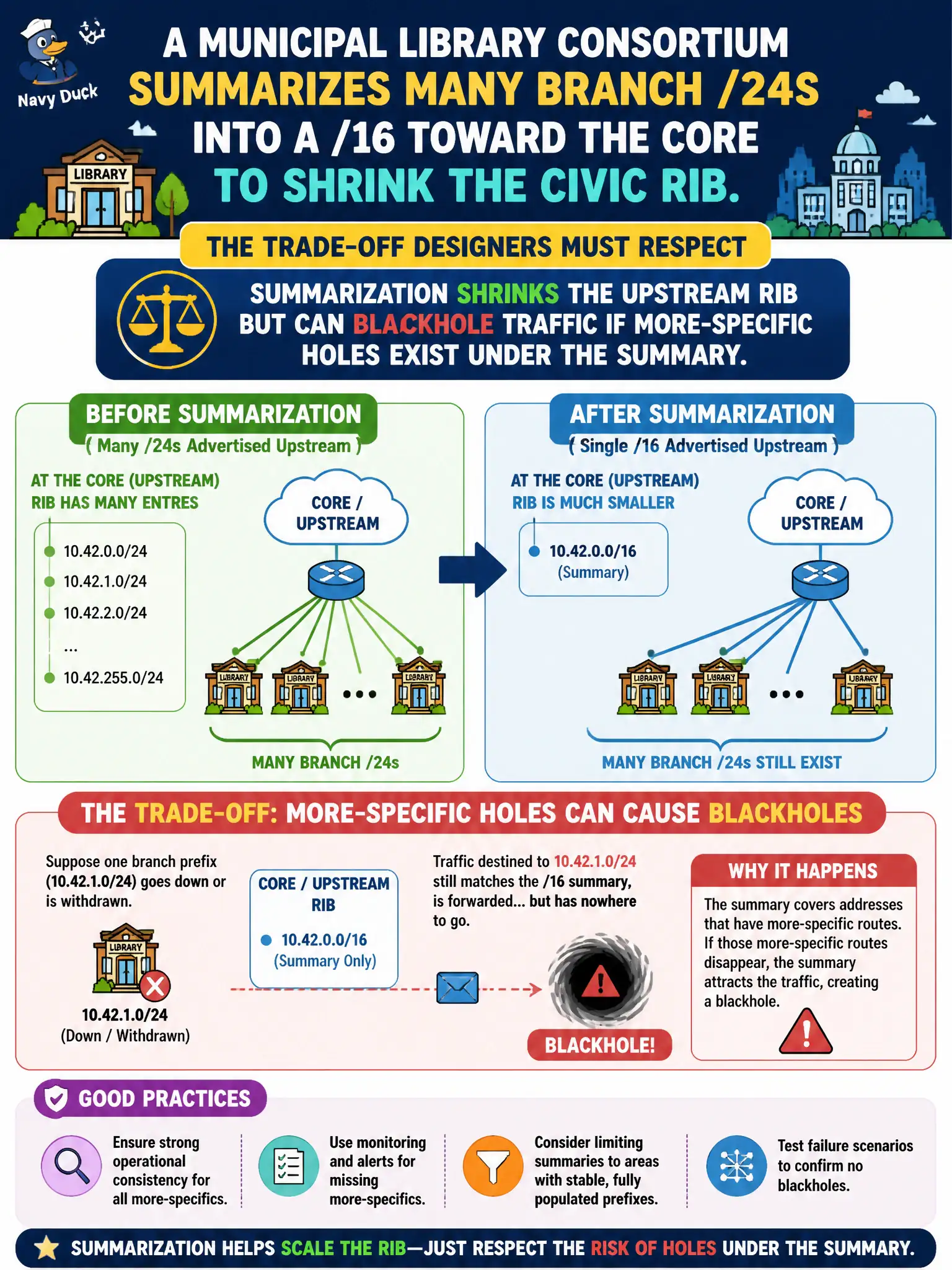 To Create an exciting colorful infographic that explains the concepts in the question: Question: A municipal library consortium summarizes many branch /24s into a /16 toward the core to shrink the civic RIB. What trade-off must designers respect? Correct Answer: Summarization shrinks the upstream RIB but can blackhole traffic if more-specific holes exist under the summary Put EVERY visible label in double quotes. No people. No A/B/C/D letters. In one of the four corners put a little "Navy Duck".