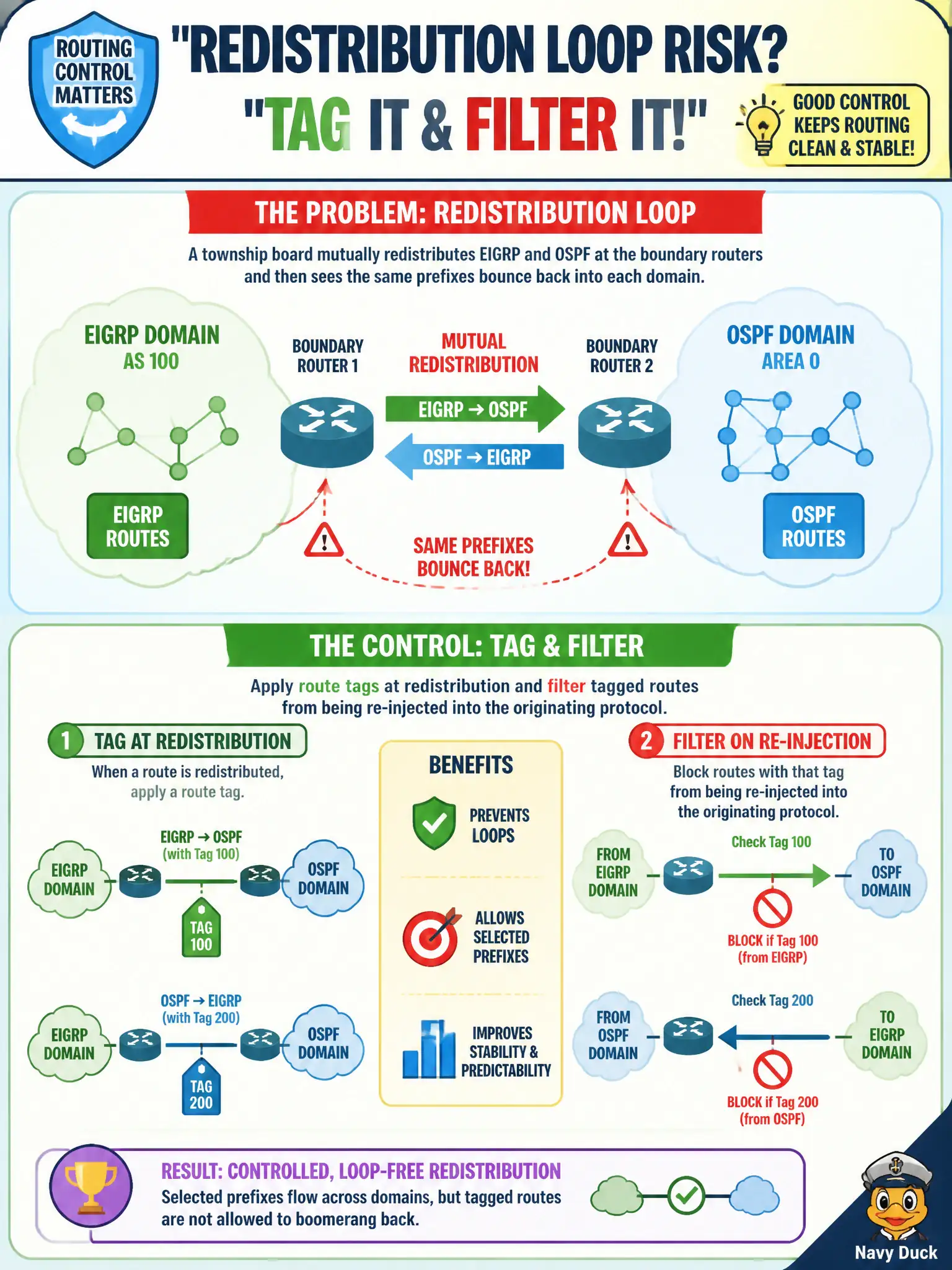 To Create an exciting colorful infographic that explains the concepts in the question: Question: A township board mutually redistributes EIGRP and OSPF at the boundary routers and then sees the same prefixes bounce back into each domain. Which control best reduces redistribution loop risk while still allowing selected prefixes to pass? Correct Answer: Apply route tags at redistribution and filter tagged routes from being re-injected into the originating protocol. Put EVERY visible label in double quotes. No people. No A/B/C/D letters. In one of the four corners put a little "Navy Duck".
