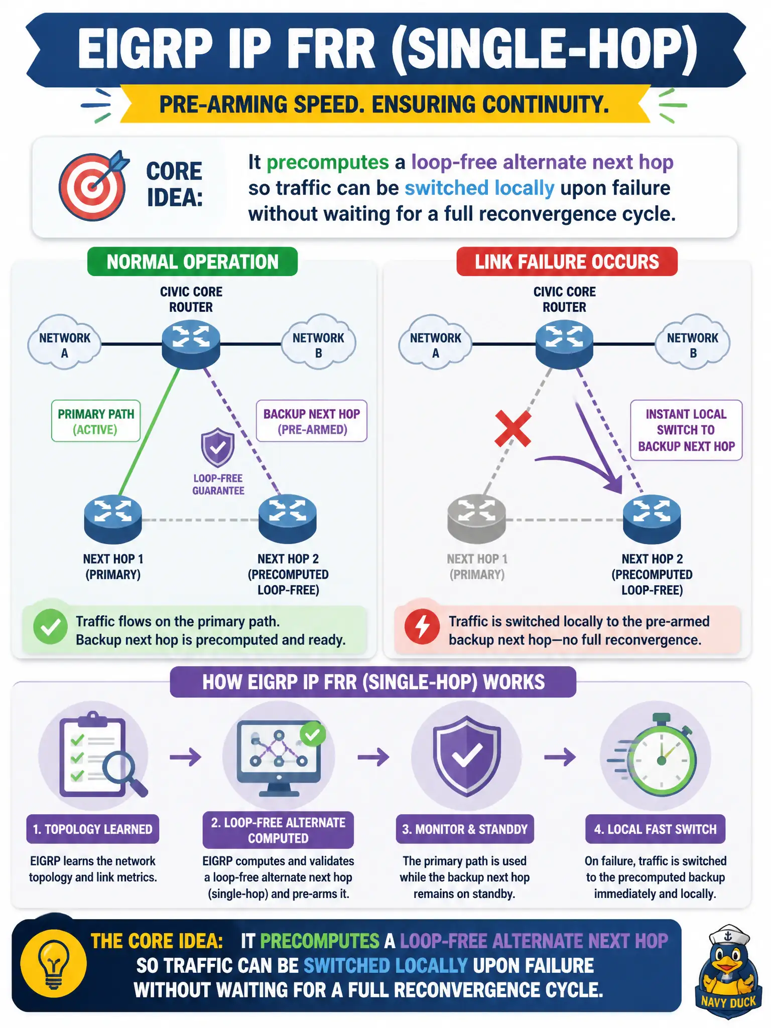 To Create an exciting colorful infographic that explains the concepts in the question: Question: A regional planning commission evaluates EIGRP IP FRR (single-hop) to pre-arm a backup next hop for a civic core link. What is the core idea of this fast-reroute approach? Correct Answer: It precomputes a loop-free alternate next hop so traffic can be switched locally upon failure without waiting for a full reconvergence cycle. Put EVERY visible label in double quotes. No people. No A/B/C/D letters. In one of the four corners put a little "Navy Duck".