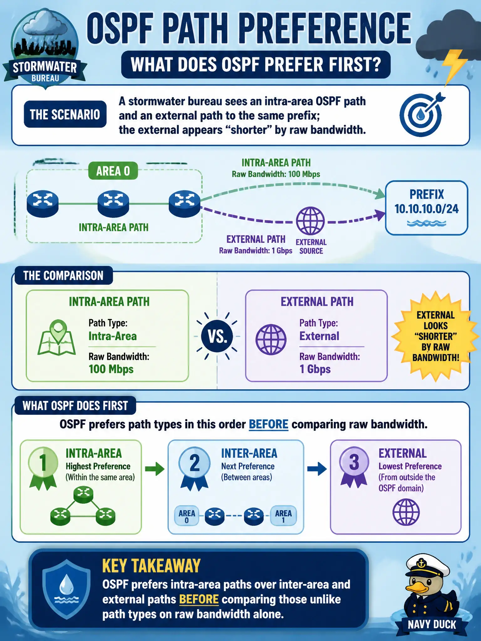 To Create an exciting colorful infographic that explains the concepts in the question: Question: A stormwater bureau sees an intra-area OSPF path and an external path to the same prefix; the external appears “shorter” by raw bandwidth. Which path preference should expert operators expect OSPF to apply first? Correct Answer: OSPF prefers intra-area paths over inter-area and external paths before comparing those unlike path types on raw bandwidth alone. Put EVERY visible label in double quotes. No people. No A/B/C/D letters. In one of the four corners put a little "Navy Duck".