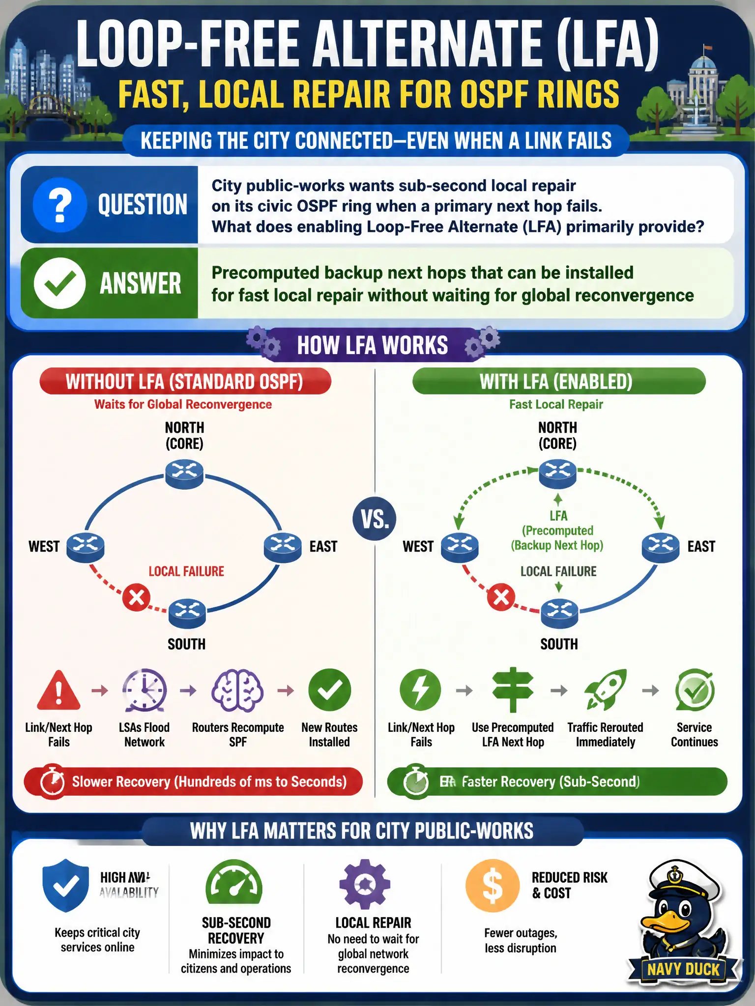 To Create an exciting colorful infographic that explains the concepts in the question: Question: City public-works wants sub-second local repair on its civic OSPF ring when a primary next hop fails. What does enabling Loop-Free Alternate (LFA) primarily provide? Correct Answer: Precomputed backup next hops that can be installed for fast local repair without waiting for global reconvergence Put EVERY visible label in double quotes. No people. No A/B/C/D letters. In one of the four corners put a little "Navy Duck".
