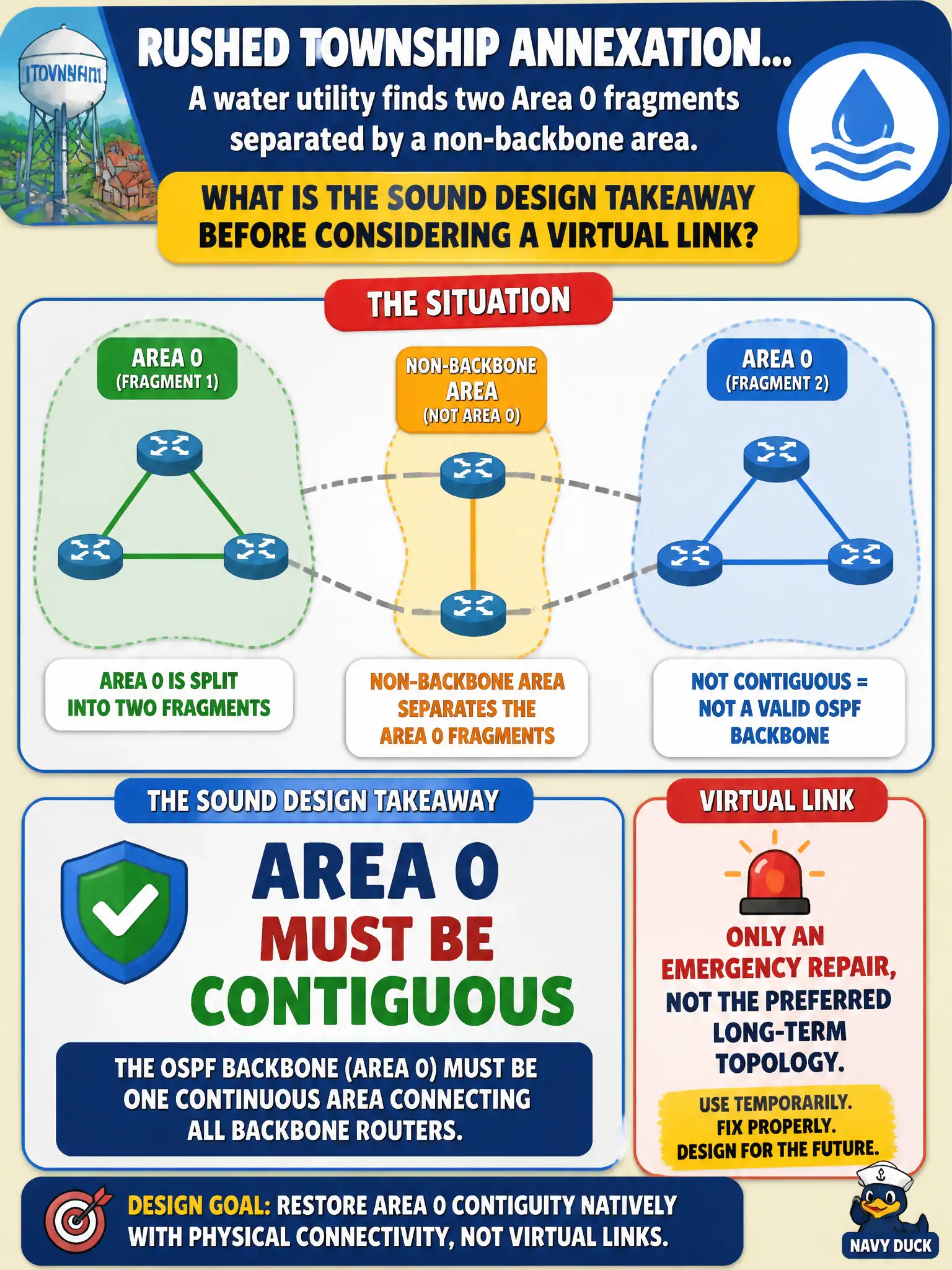 To Create an exciting colorful infographic that explains the concepts in the question: Question: After a rushed township annexation, a water utility finds two Area 0 fragments separated by a non-backbone area. What is the sound design takeaway before considering a virtual link? Correct Answer: Area 0 must be contiguous; a virtual link is only an emergency repair, not the preferred long-term topology Put EVERY visible label in double quotes. No people. No A/B/C/D letters. In one of the four corners put a little "Navy Duck".