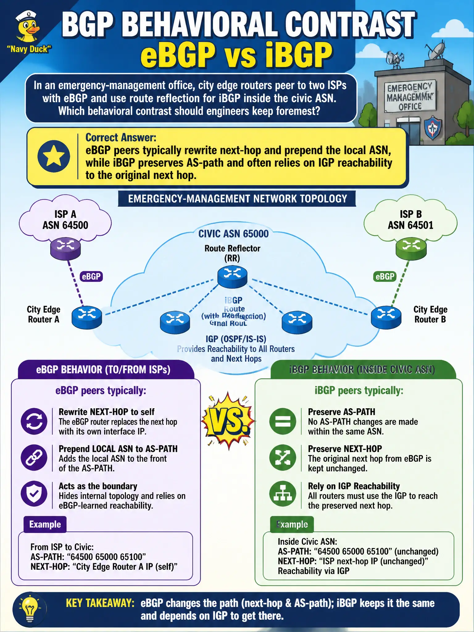 To Create an exciting colorful infographic that explains the concepts in the question: Question: An emergency-management office peers city edge routers to two ISPs with eBGP and uses route reflection for iBGP inside the civic ASN. Which behavioral contrast should engineers keep foremost? Correct Answer: eBGP peers typically rewrite next-hop and prepend the local ASN, while iBGP preserves AS-path and often relies on IGP reachability to the original next hop Put EVERY visible label in double quotes. No people. No A/B/C/D letters. In one of the four corners put a little "Navy Duck".