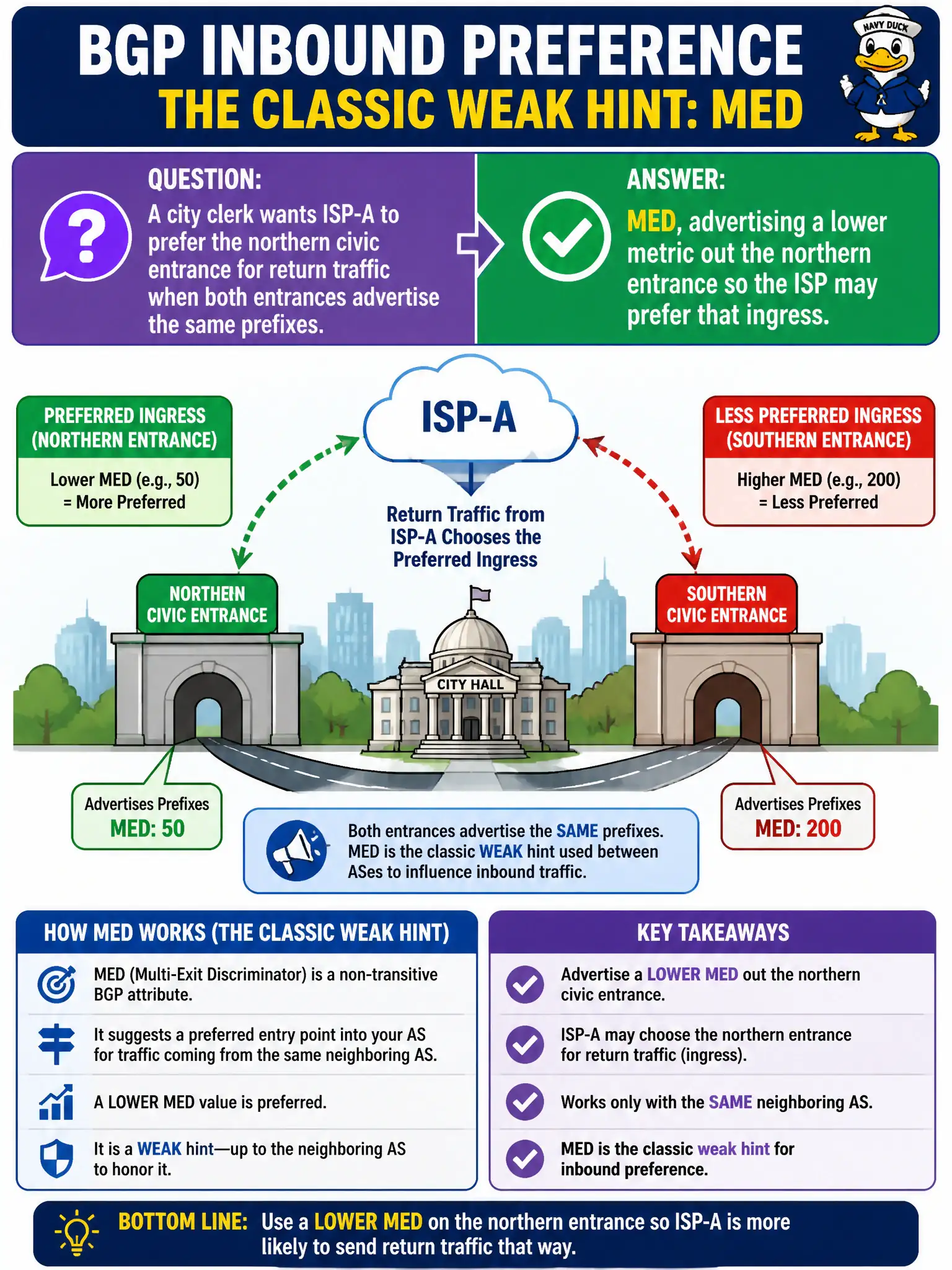 To Create an exciting colorful infographic that explains the concepts in the question: Question: A city clerk wants ISP-A to prefer the northern civic entrance for return traffic when both entrances advertise the same prefixes. Which attribute is the classic weak hint for that inbound preference? Correct Answer: MED, advertising a lower metric out the northern entrance so the ISP may prefer that ingress Put EVERY visible label in double quotes. No people. No A/B/C/D letters. In one of the four corners put a little "Navy Duck".