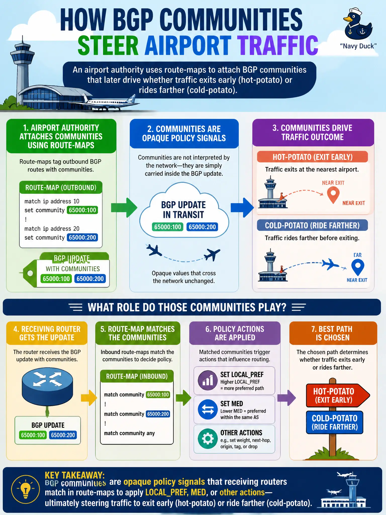 To Create an exciting colorful infographic that explains the concepts in the question: Question: An airport authority uses route-maps to attach BGP communities that later drive whether traffic exits early (hot-potato) or rides farther (cold-potato). What role do those communities play? Correct Answer: Opaque policy signals that receiving routers match in route-maps to apply LOCALPREF, MED, or other actions Put EVERY visible label in double quotes. No people. No A/B/C/D letters. In one of the four corners put a little "Navy Duck".