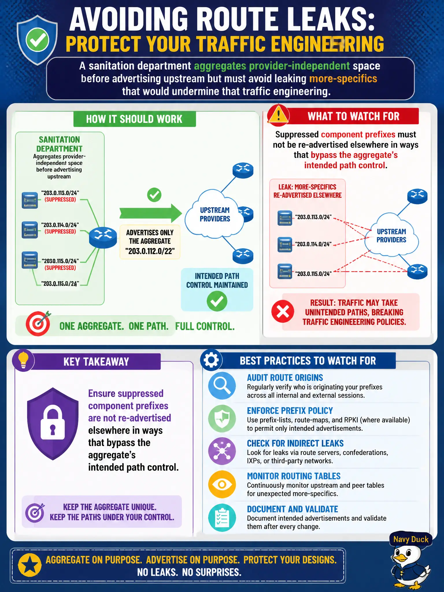To Create an exciting colorful infographic that explains the concepts in the question: Question: A sanitation department aggregates provider-independent space before advertising upstream but must avoid leaking more-specifics that would undermine that traffic engineering. What should operators watch for? Correct Answer: Ensure suppressed component prefixes are not re-advertised elsewhere in ways that bypass the aggregate’s intended path control Put EVERY visible label in double quotes. No people. No A/B/C/D letters. In one of the four corners put a little "Navy Duck".