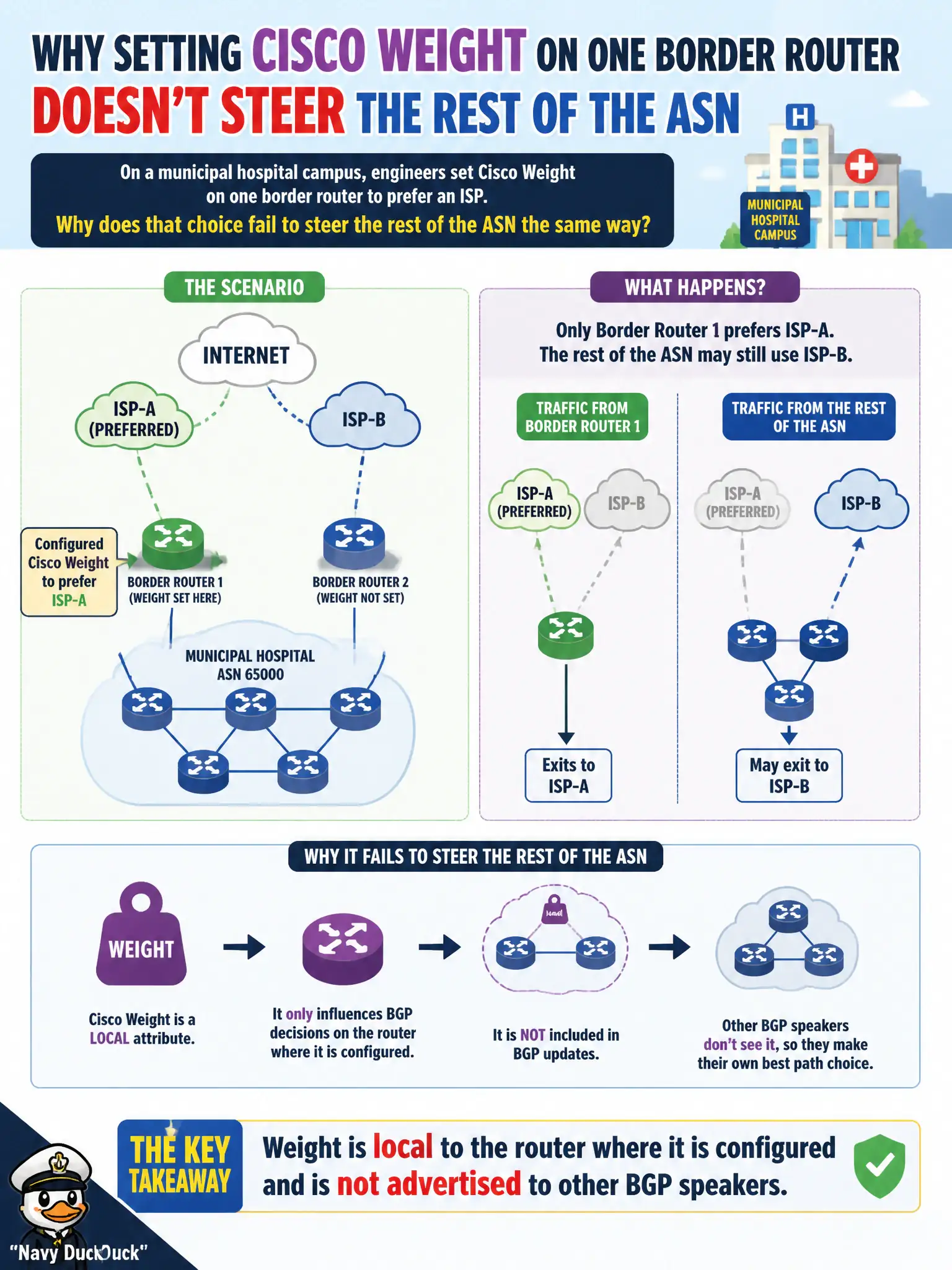 To Create an exciting colorful infographic that explains the concepts in the question: Question: On a municipal hospital campus, engineers set Cisco Weight on one border router to prefer an ISP. Why does that choice fail to steer the rest of the ASN the same way? Correct Answer: Weight is local to the router where it is configured and is not advertised to other BGP speakers Put EVERY visible label in double quotes. No people. No A/B/C/D letters. In one of the four corners put a little "Navy Duck".