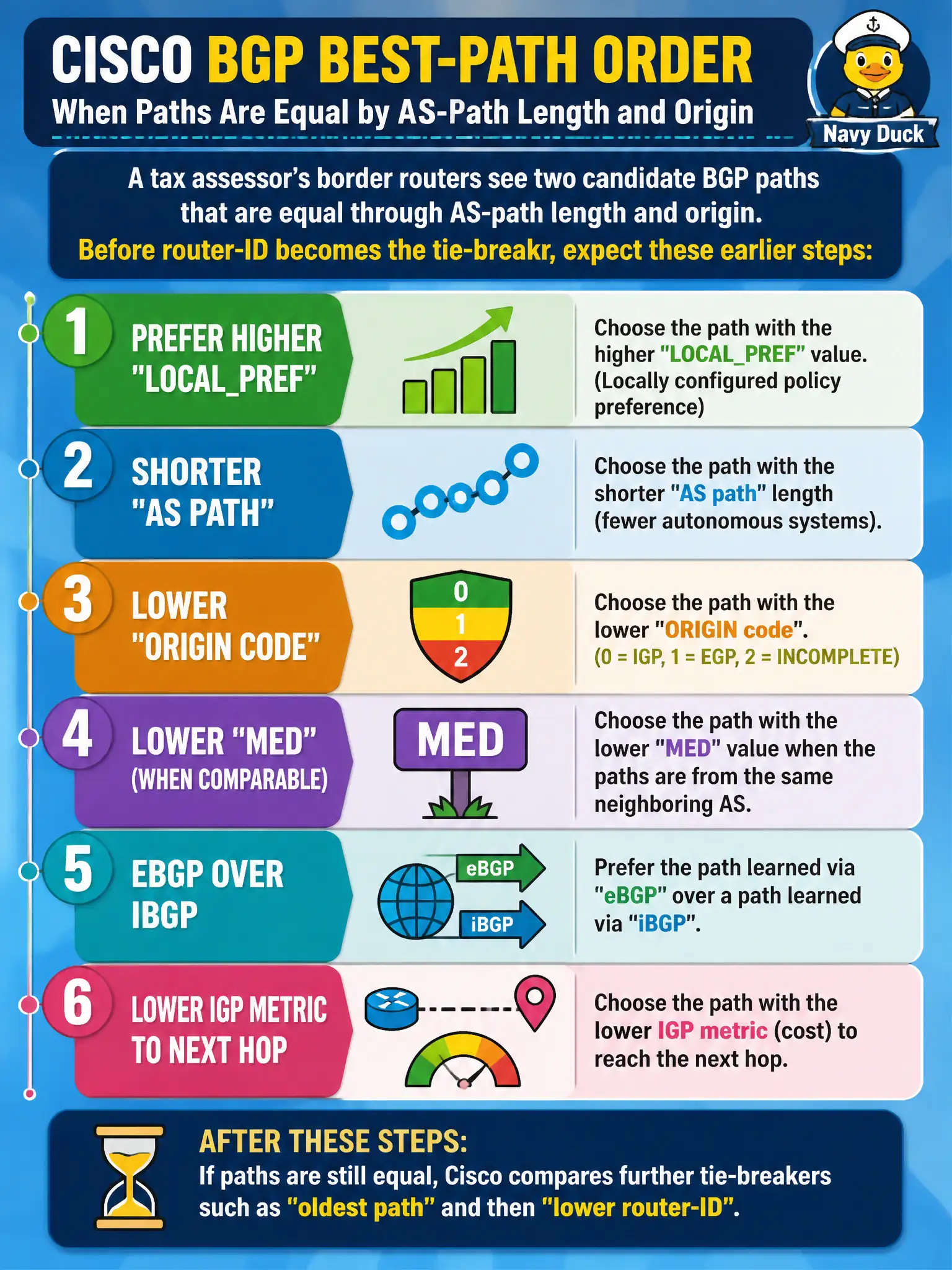 To Create an exciting colorful infographic that explains the concepts in the question: Question: A tax assessor’s border routers see two candidate BGP paths that are equal through AS-path length and origin. Before router-ID becomes the tie-break, which earlier decision steps should the engineer still expect in Cisco’s best-path order? Correct Answer: Prefer higher LOCALPREF, then shorter AS path, then lower origin code, then MED (when comparable), then eBGP over iBGP, then lower IGP metric to next hop—before oldest path / lower router-ID style tie-breaks Put EVERY visible label in double quotes. No people. No A/B/C/D letters. In one of the four corners put a little "Navy Duck".