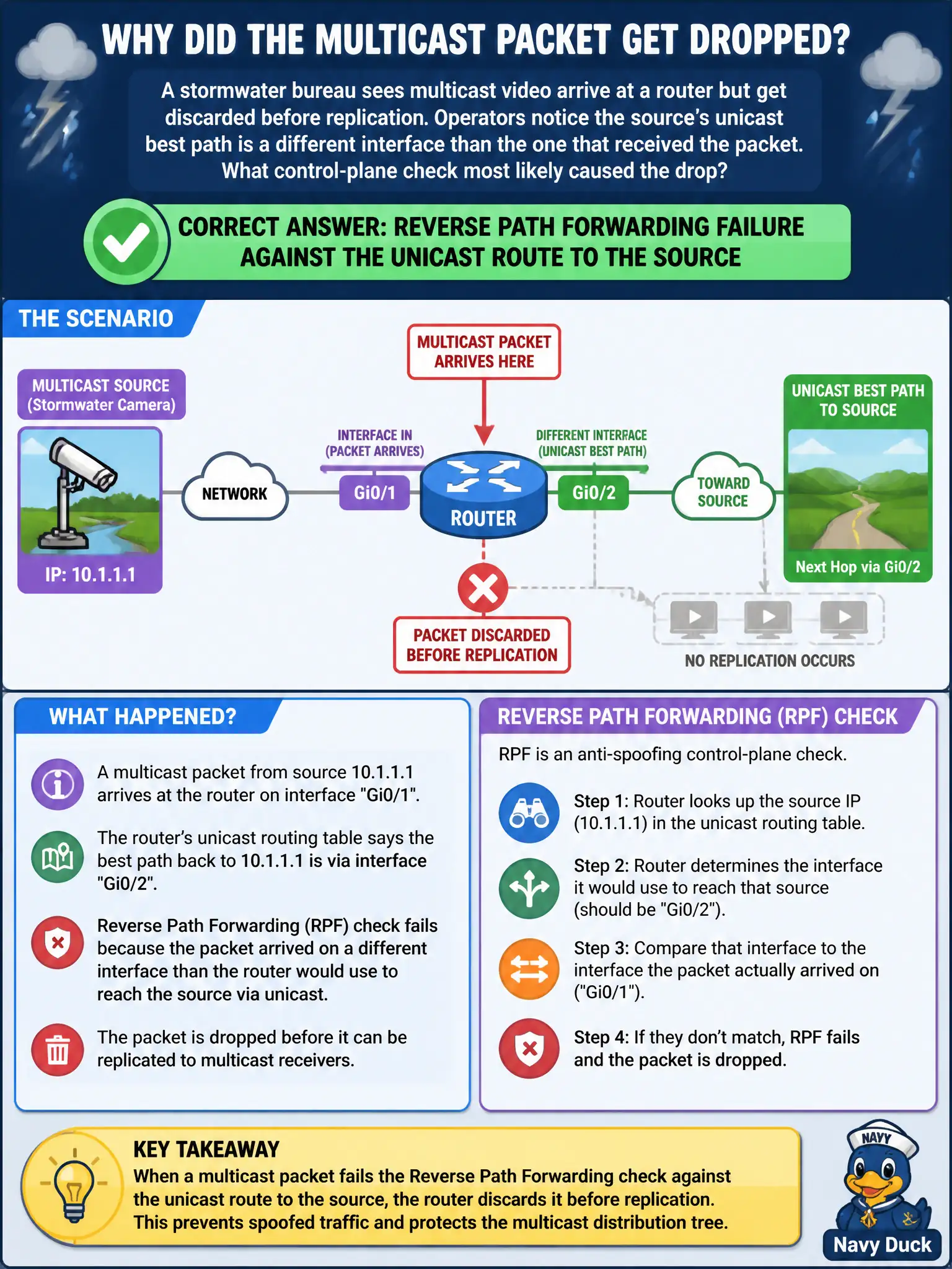 To Create an exciting colorful infographic that explains the concepts in the question: Question: A stormwater bureau sees multicast video arrive at a router but get discarded before replication. Operators notice the source’s unicast best path is a different interface than the one that received the packet. What control-plane check most likely caused the drop? Correct Answer: Reverse Path Forwarding failure against the unicast route to the source Put EVERY visible label in double quotes. No people. No A/B/C/D letters. In one of the four corners put a little "Navy Duck".