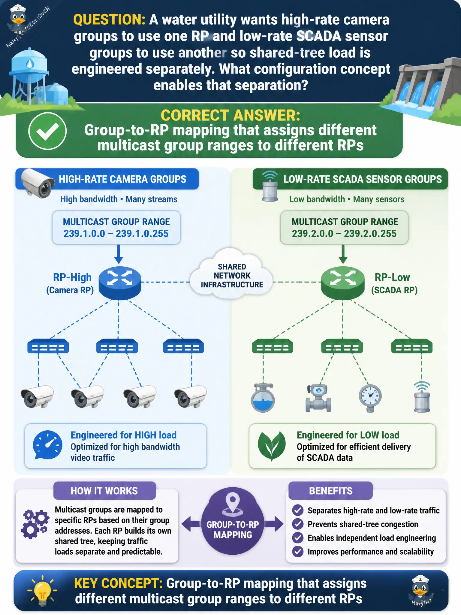 To Create an exciting colorful infographic that explains the concepts in the question: Question: A water utility wants high-rate camera groups to use one RP and low-rate SCADA sensor groups to use another so shared-tree load is engineered separately. What configuration concept enables that separation? Correct Answer: Group-to-RP mapping that assigns different multicast group ranges to different RPs Put EVERY visible label in double quotes. No people. No A/B/C/D letters. In one of the four corners put a little "Navy Duck".