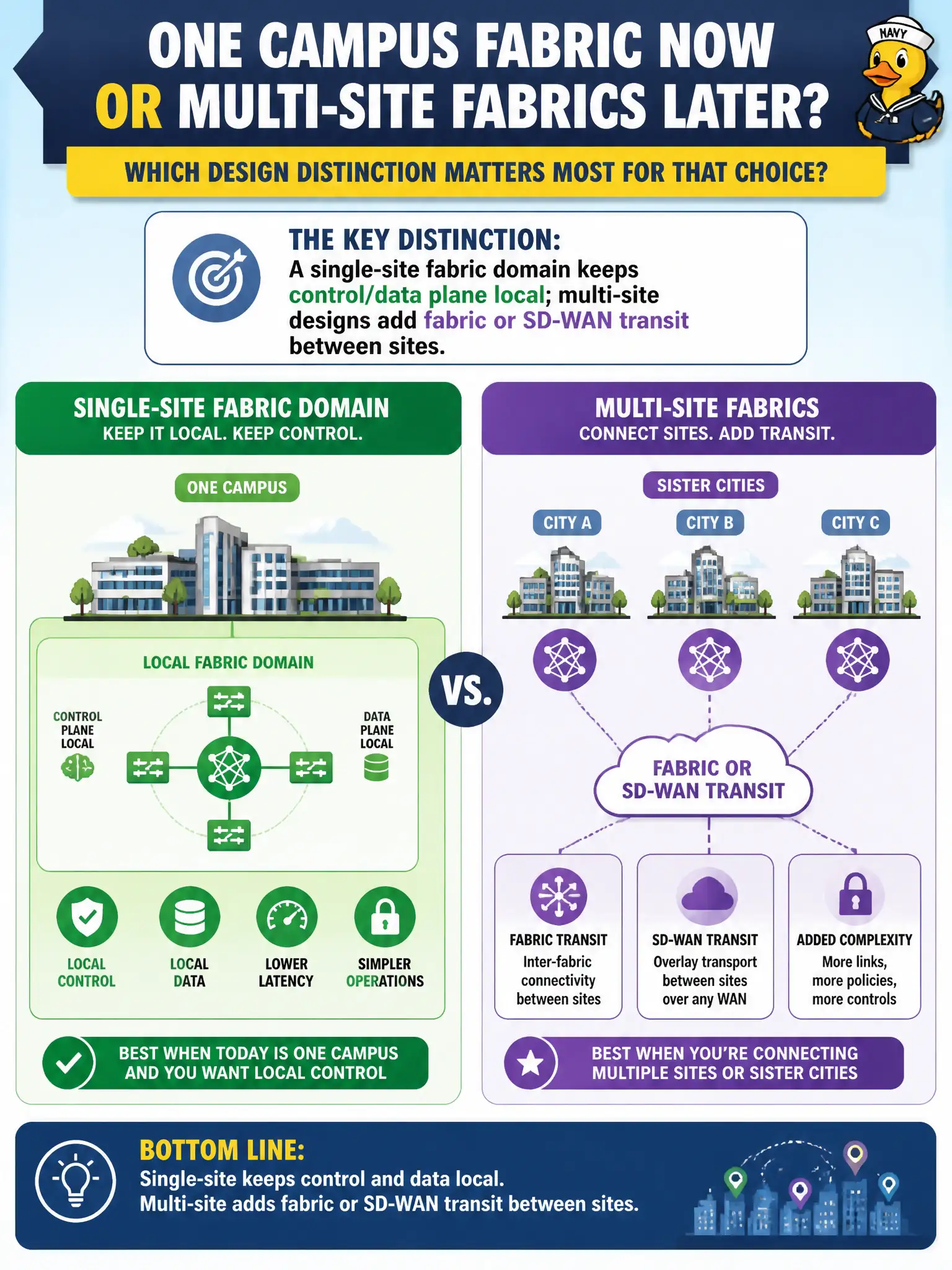 To Create an exciting colorful infographic that explains the concepts in the question: Question: A regional planning commission can build one campus fabric now or plan multi-site fabrics tied together later for sister cities. Which design distinction matters most for that choice? Correct Answer: A single-site fabric domain keeps control/data plane local; multi-site designs add fabric or SD-WAN transit between sites Put EVERY visible label in double quotes. No people. No A/B/C/D letters. In one of the four corners put a little "Navy Duck".