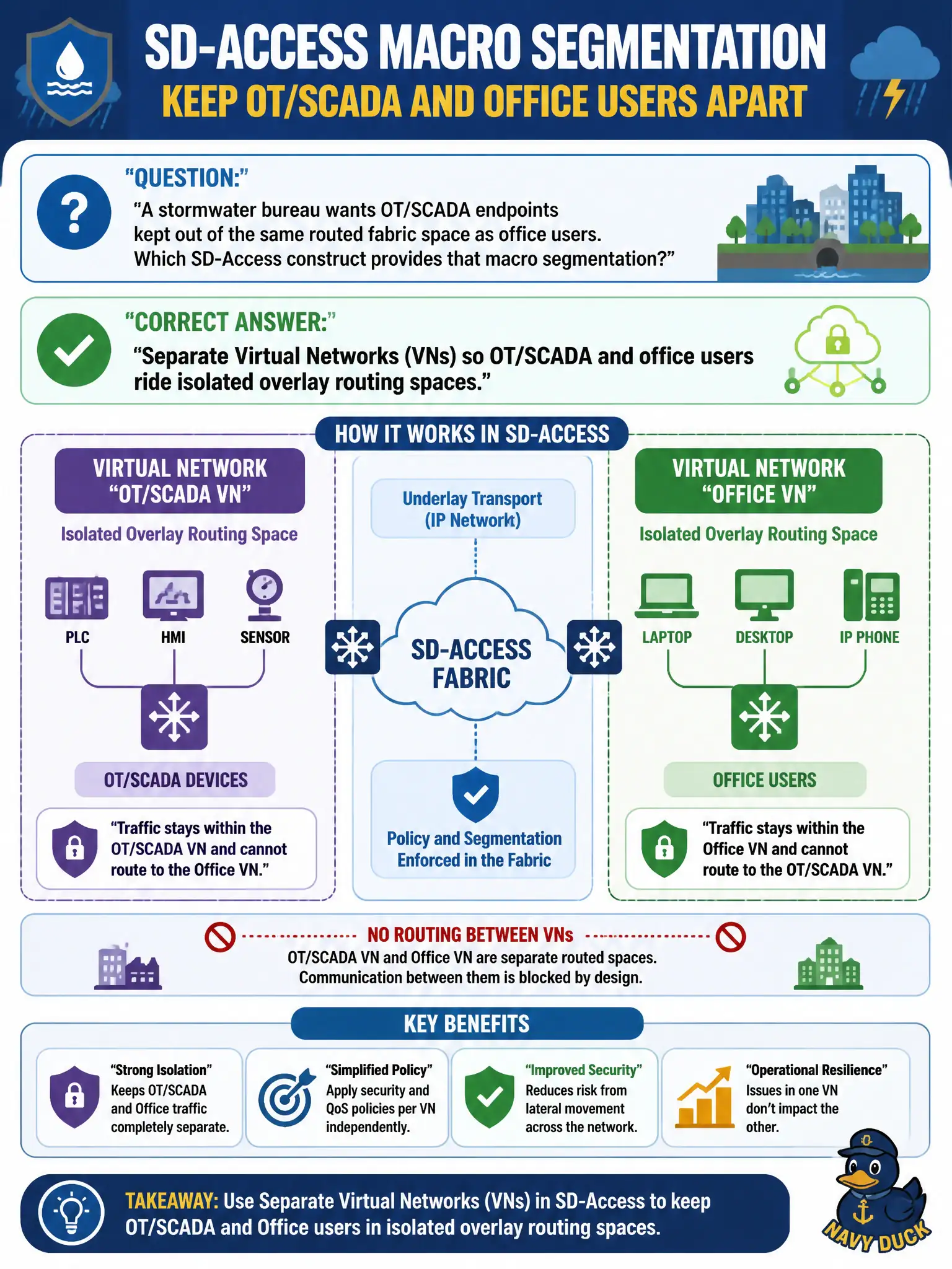 To Create an exciting colorful infographic that explains the concepts in the question: Question: A stormwater bureau wants OT/SCADA endpoints kept out of the same routed fabric space as office users. Which SD-Access construct provides that macro segmentation? Correct Answer: Separate Virtual Networks (VNs) so OT/SCADA and office users ride isolated overlay routing spaces. Put EVERY visible label in double quotes. No people. No A/B/C/D letters. In one of the four corners put a little "Navy Duck".