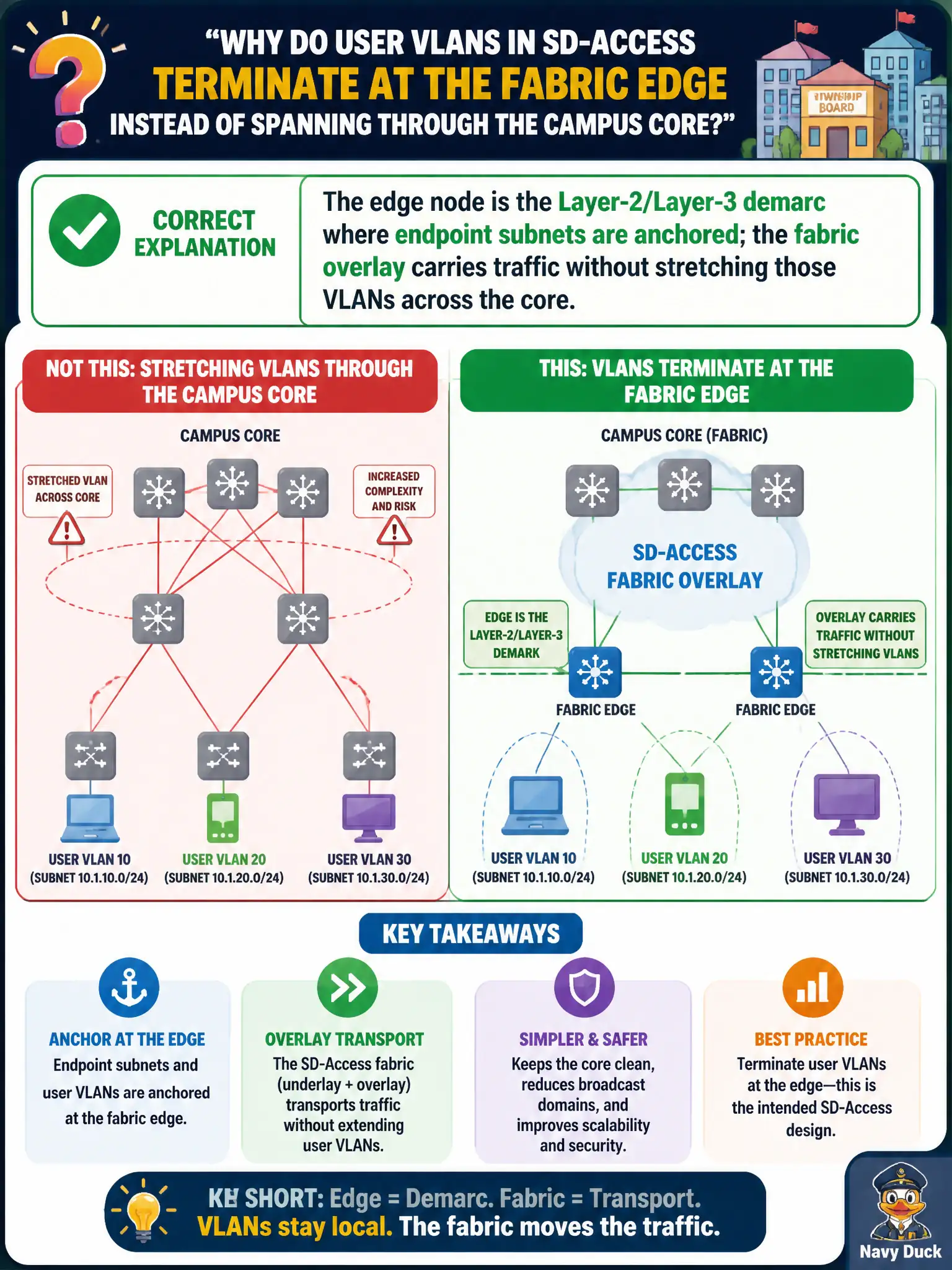 To Create an exciting colorful infographic that explains the concepts in the question: Question: A township board asks why user VLANs in SD-Access terminate at the fabric edge instead of spanning through the campus core. What is the correct explanation? Correct Answer: The edge node is the Layer-2/Layer-3 demarc where endpoint subnets are anchored; the fabric overlay carries traffic without stretching those VLANs across the core. Put EVERY visible label in double quotes. No people. No A/B/C/D letters. In one of the four corners put a little "Navy Duck".