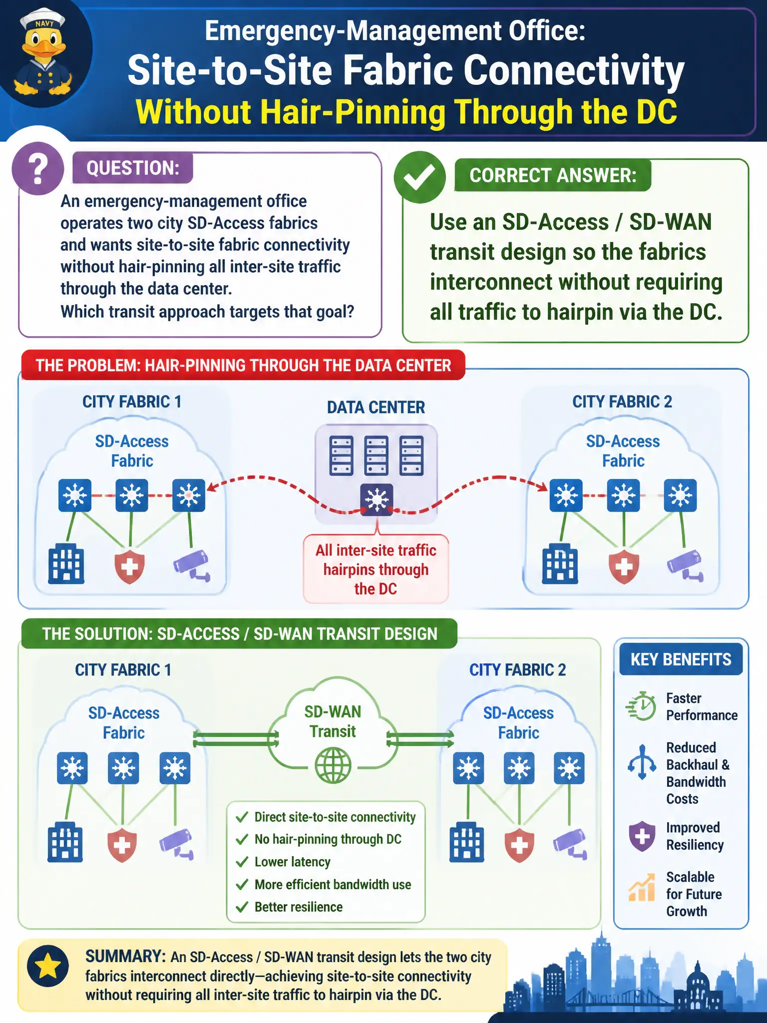 To Create an exciting colorful infographic that explains the concepts in the question: Question: An emergency-management office operates two city SD-Access fabrics and wants site-to-site fabric connectivity without hair-pinning all inter-site traffic through the data center. Which transit approach targets that goal? Correct Answer: Use an SD-Access / SD-WAN transit design so the fabrics interconnect without requiring all traffic to hairpin via the DC. Put EVERY visible label in double quotes. No people. No A/B/C/D letters. In one of the four corners put a little "Navy Duck".
