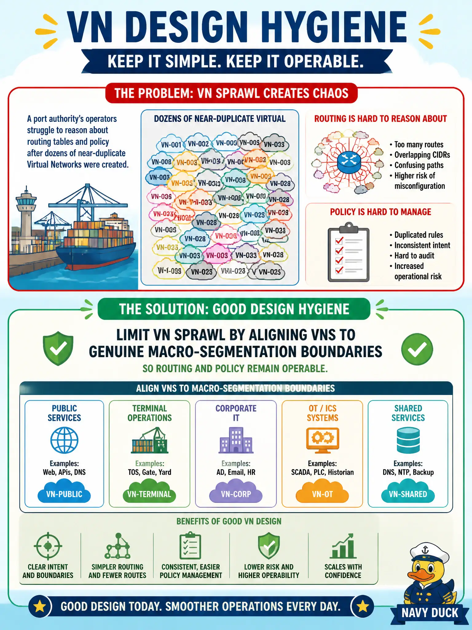 To Create an exciting colorful infographic that explains the concepts in the question: Question: A port authority’s operators struggle to reason about routing tables and policy after dozens of near-duplicate Virtual Networks were created. What VN design hygiene should leadership enforce? Correct Answer: Limit VN sprawl by aligning VNs to genuine macro-segmentation boundaries so routing and policy remain operable. Put EVERY visible label in double quotes. No people. No A/B/C/D letters. In one of the four corners put a little "Navy Duck".
